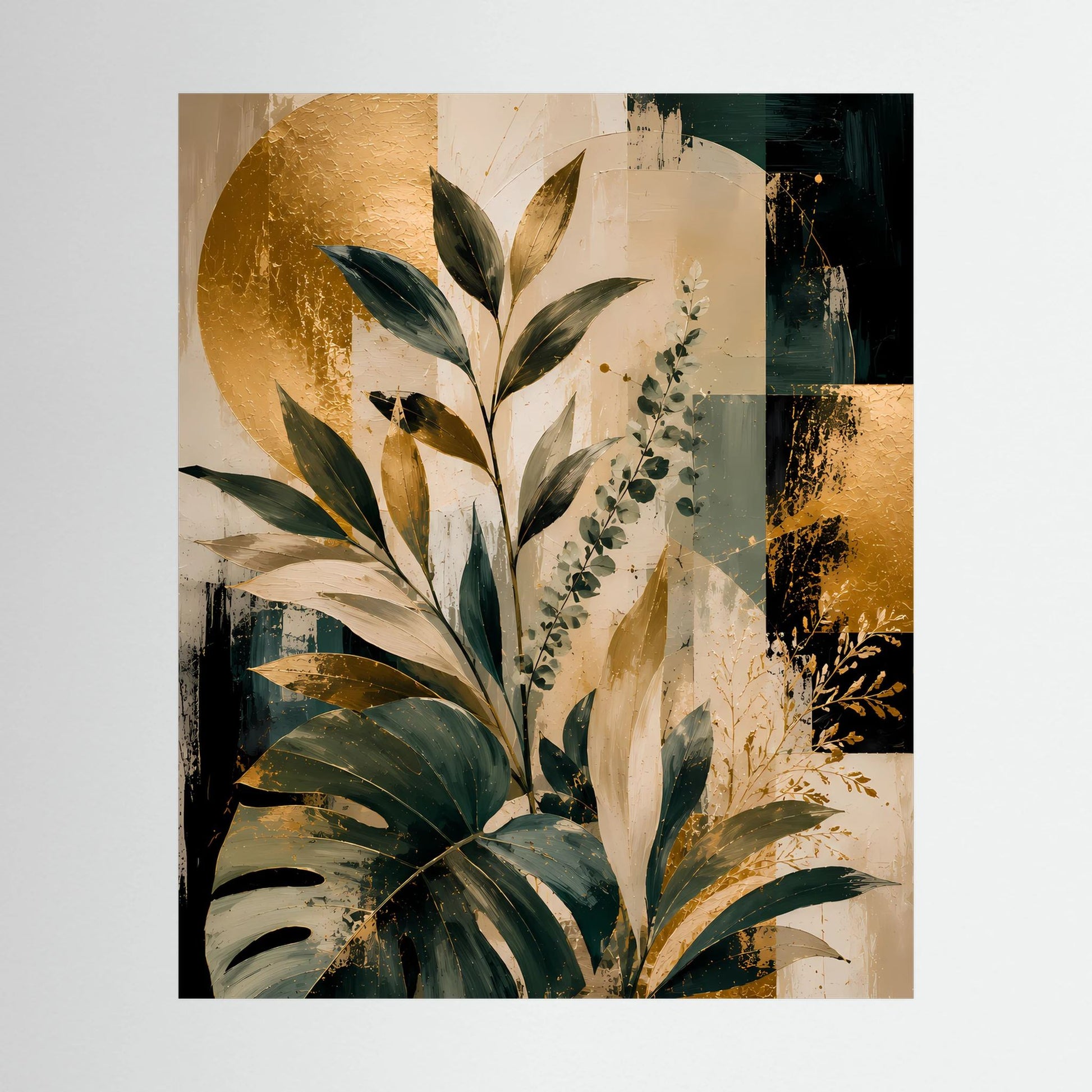 Kunstposter mit abstraktem Blattmotiv in Grün, Gold und Beige