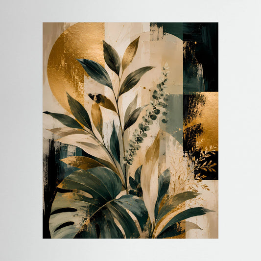 Kunstposter mit abstraktem Blattmotiv in Grün, Gold und Beige