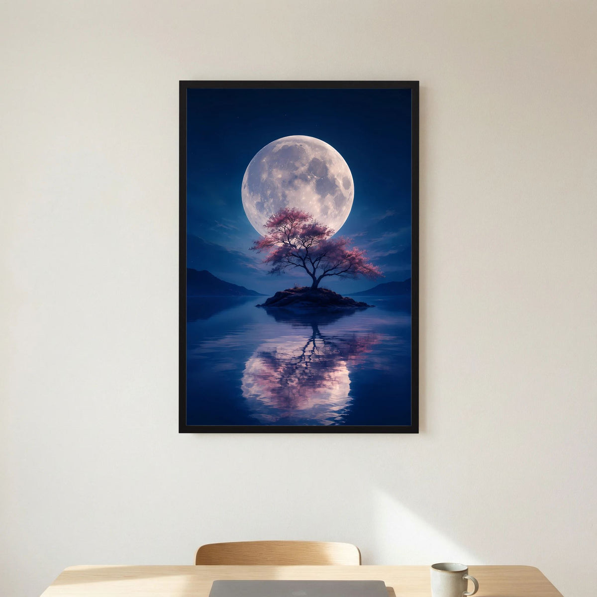 Schwarz gerahmtes Hochformat-Poster mit Vollmond, einsamem Baum auf Insel und Wasserreflexion