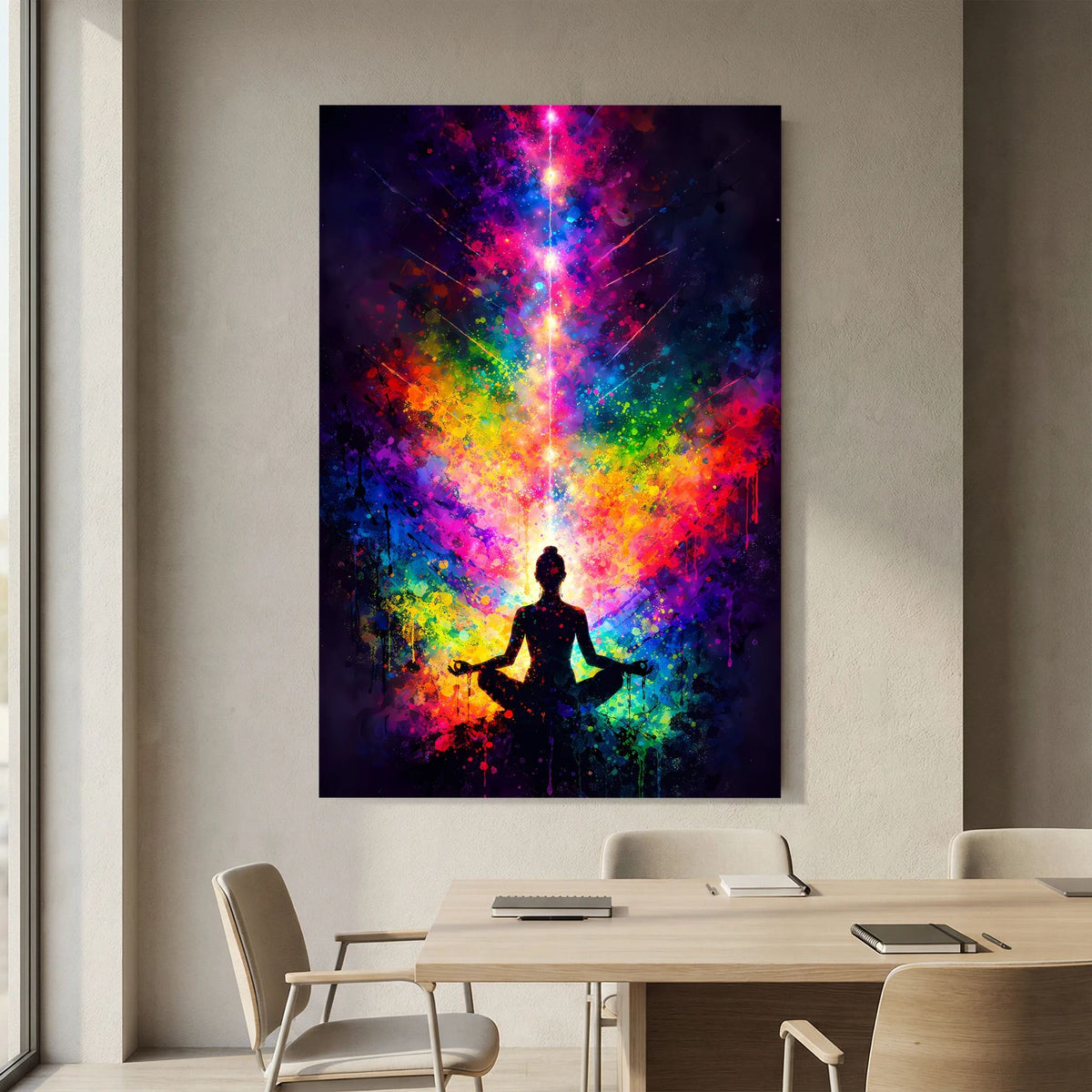 Hochformatiges Poster mit Meditationsfigur und farbigen Lichtwolken vor dunklem Hintergrund