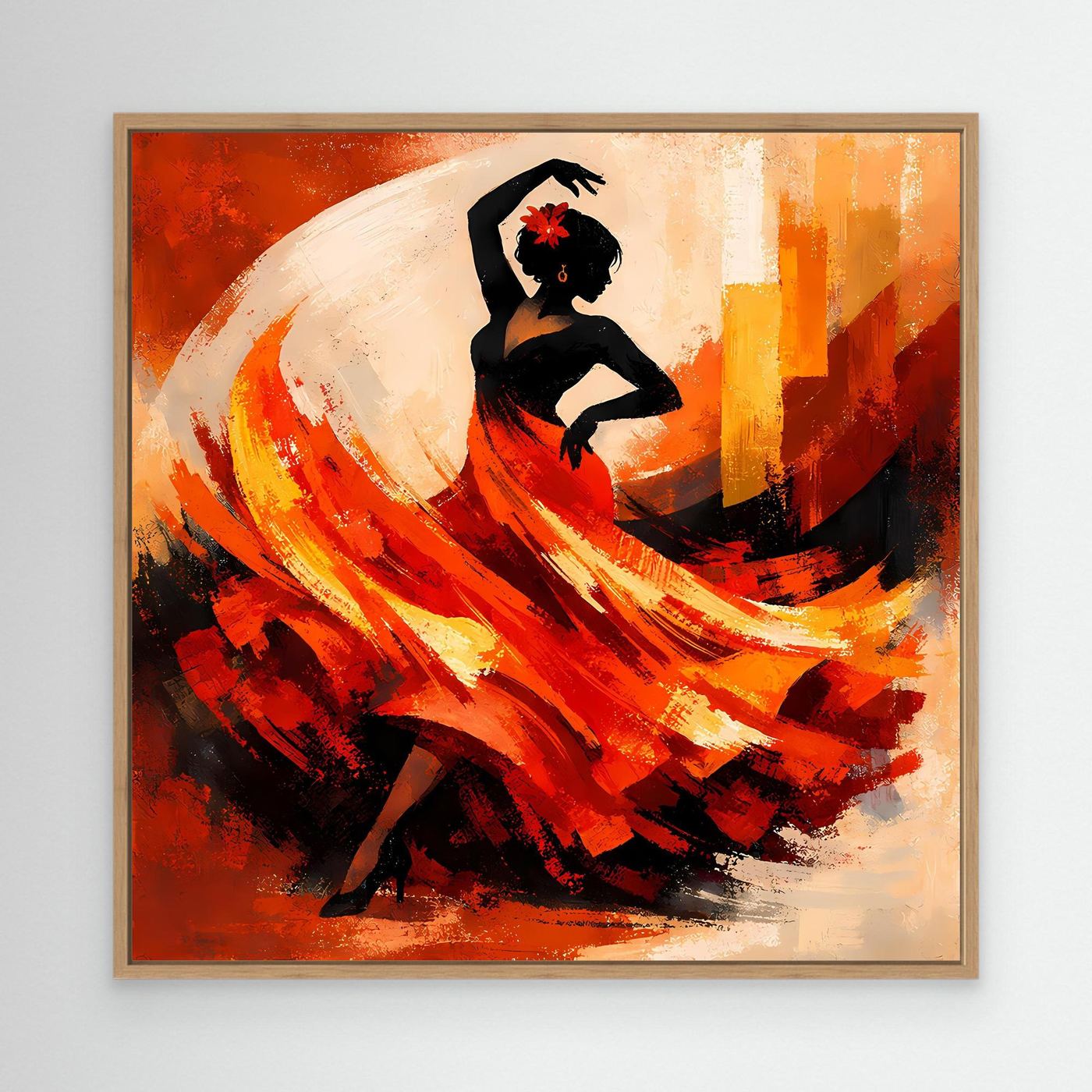 Leinwandbild Flamenco-Tänzerin mit Holzrahmen, rote und gelbe Farbflächen