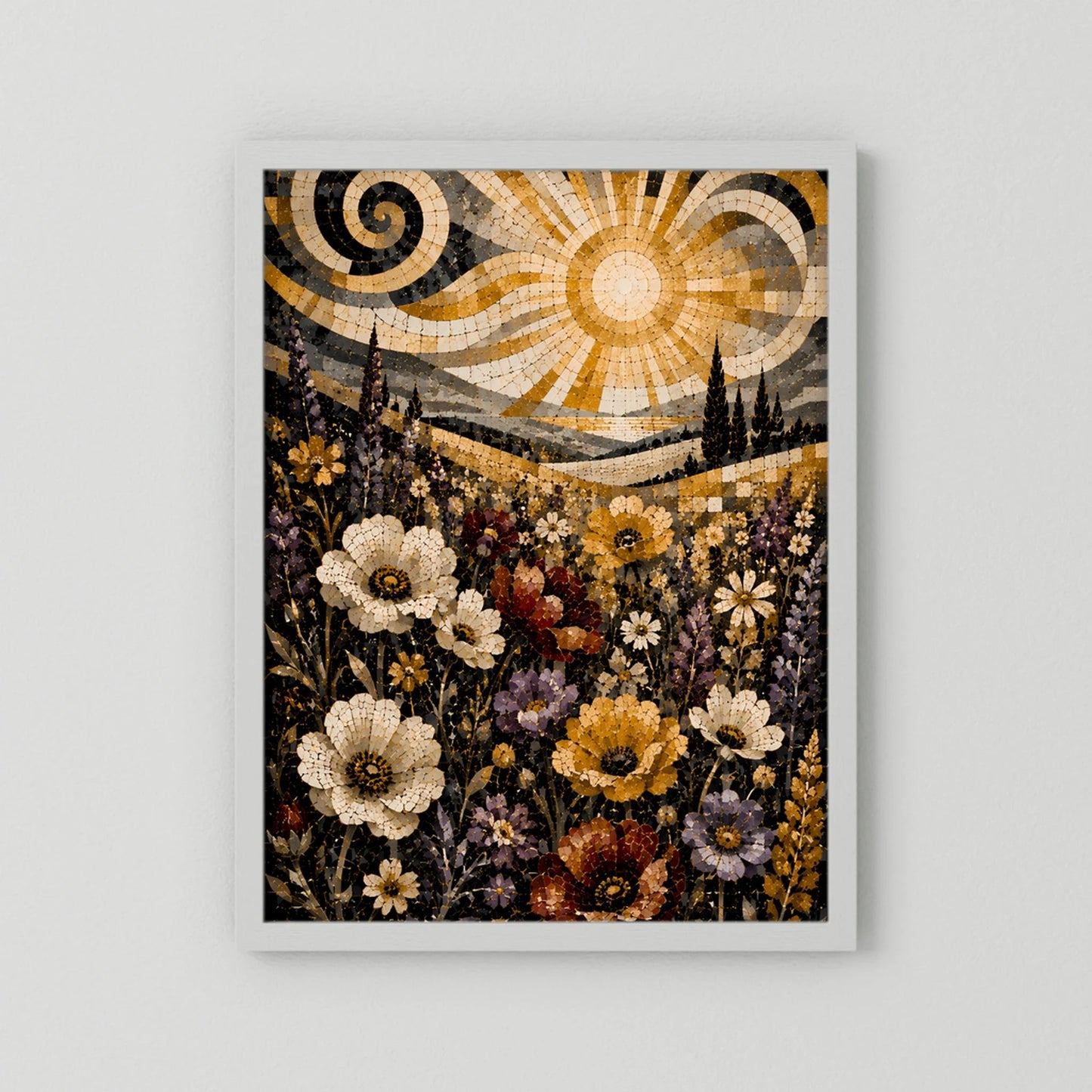 Poster Hochformat mit Mosaikblumen und goldener Sonne, weißer Rahmen