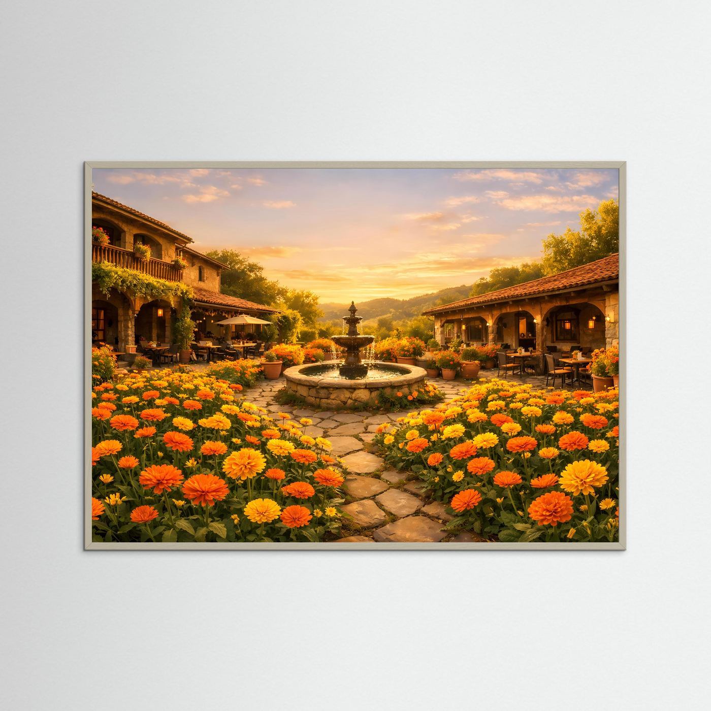 Wandbild mit Blumenbeeten und Springbrunnen, grauer Rahmen