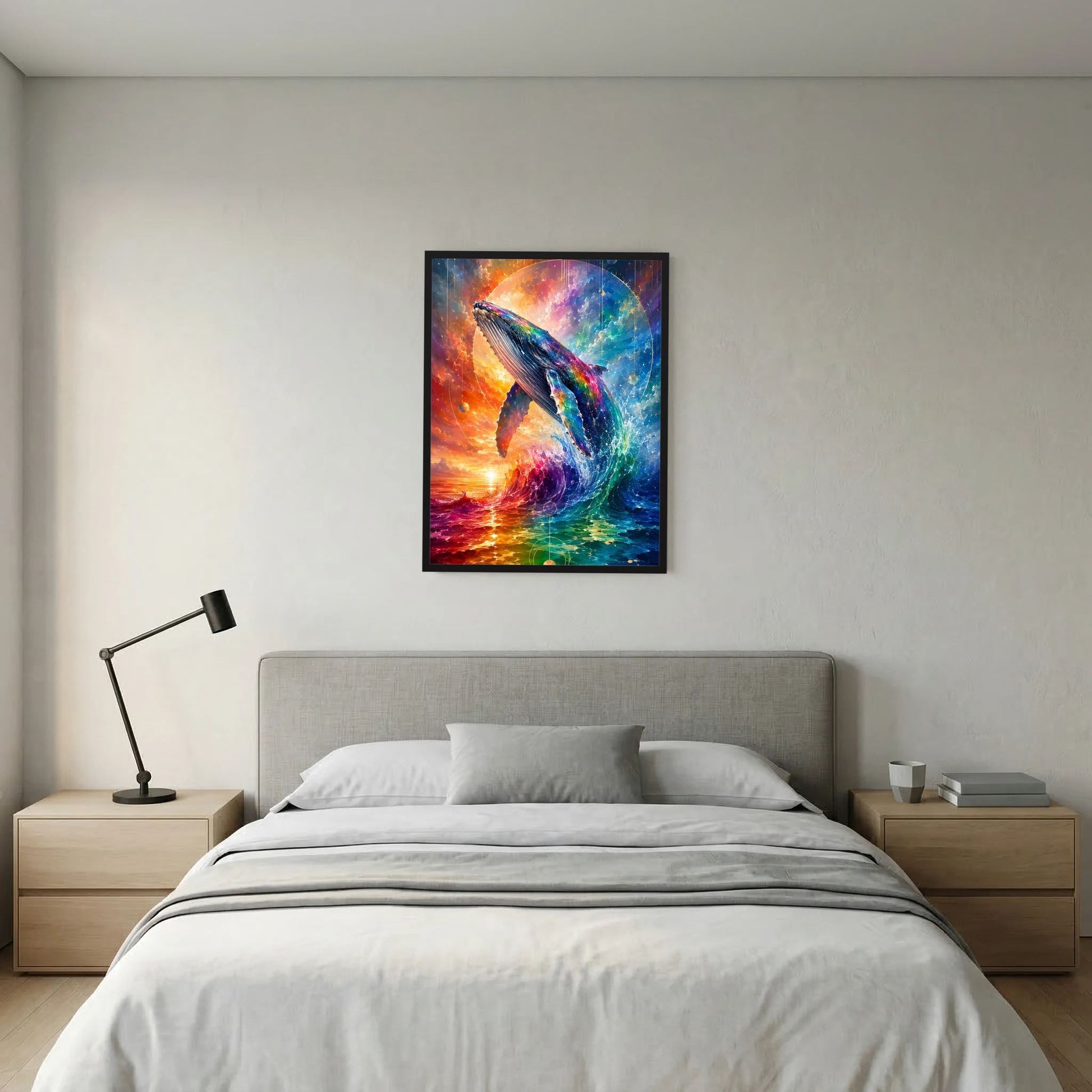 Hochformat-Poster mit abstraktem Wal im Farbverlauf, Regenbogenfarben, schwarzer Rahmen