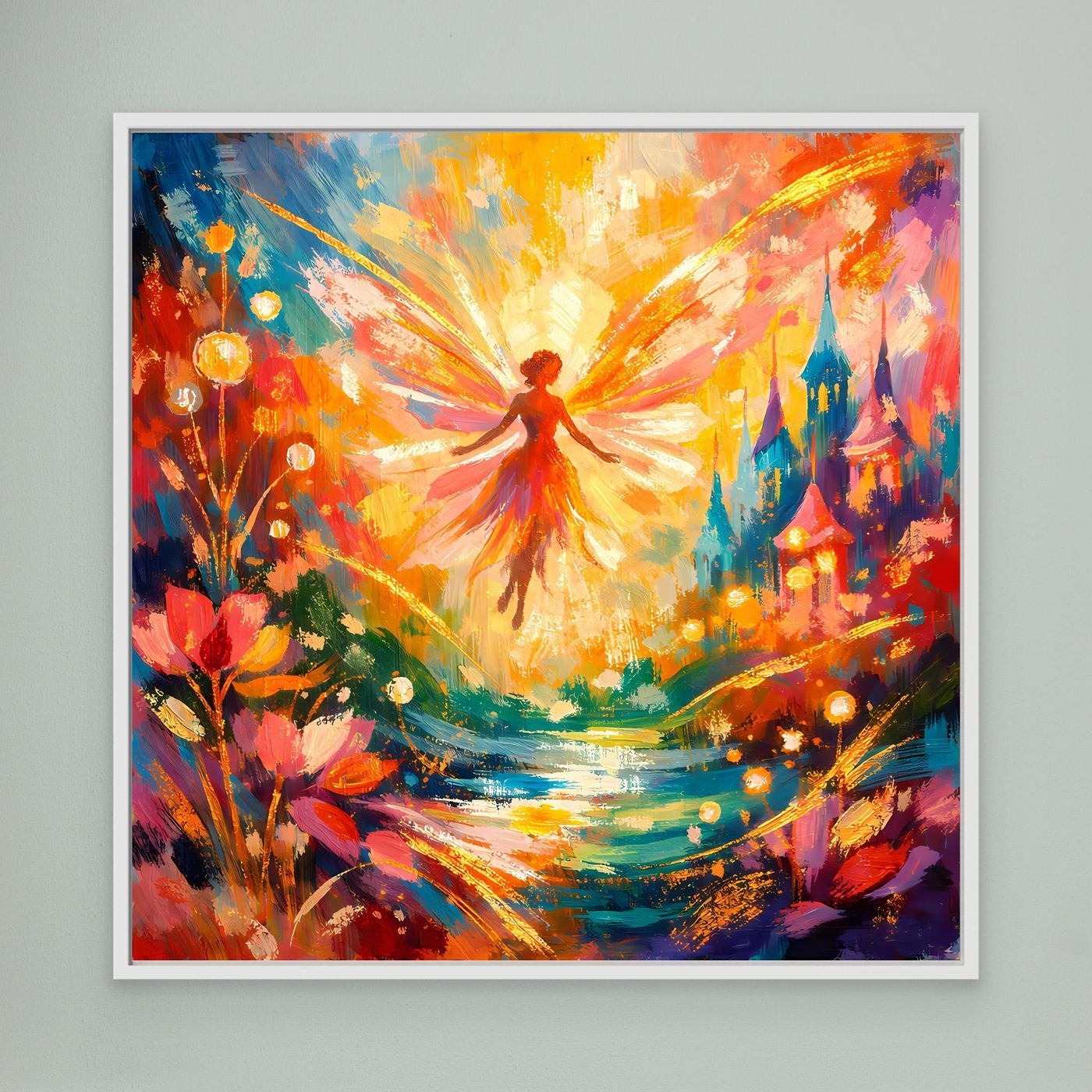 Leinwandbild mit abstrakter Fantasy-Szene: bunte Lichtstrahlen, Figur, Blumen und Häuser im Hintergrund.