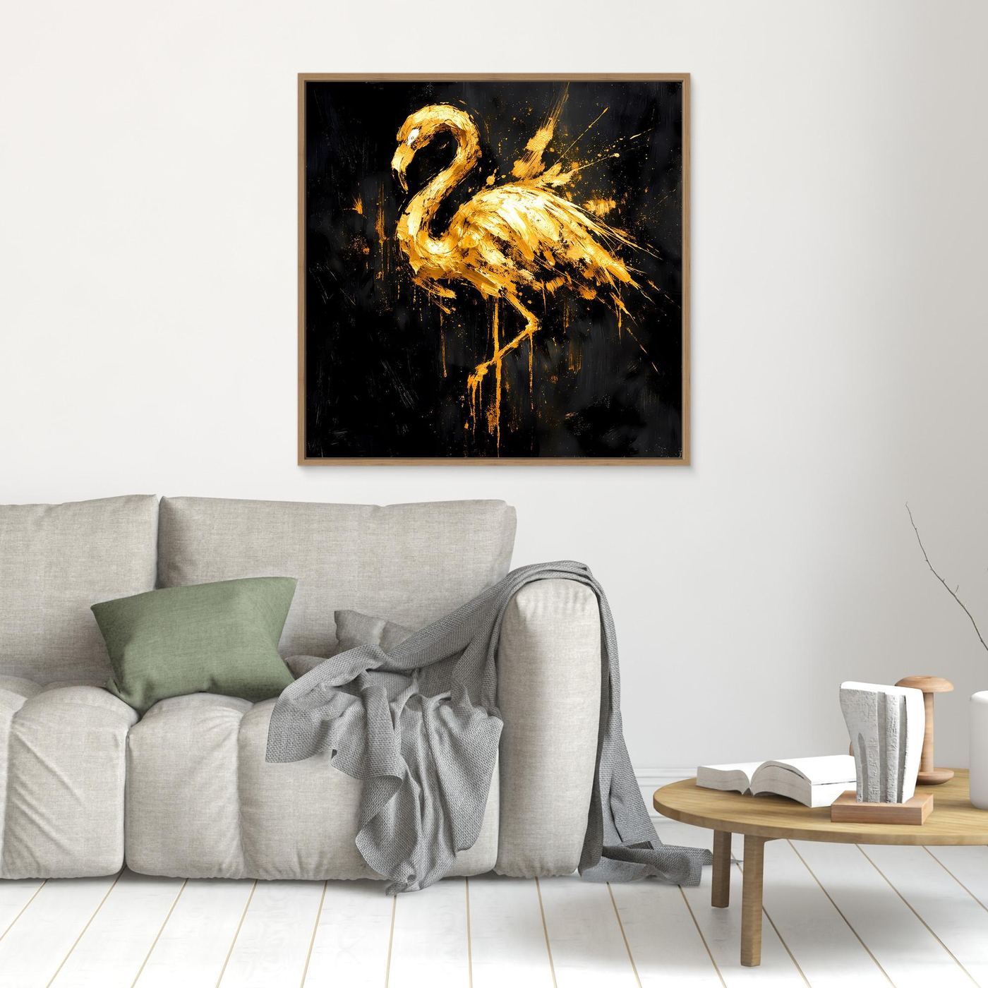 Leinwand Goldener Flamingo auf Schwarz | Abstraktes Modernes Tier Wandbild Kunst