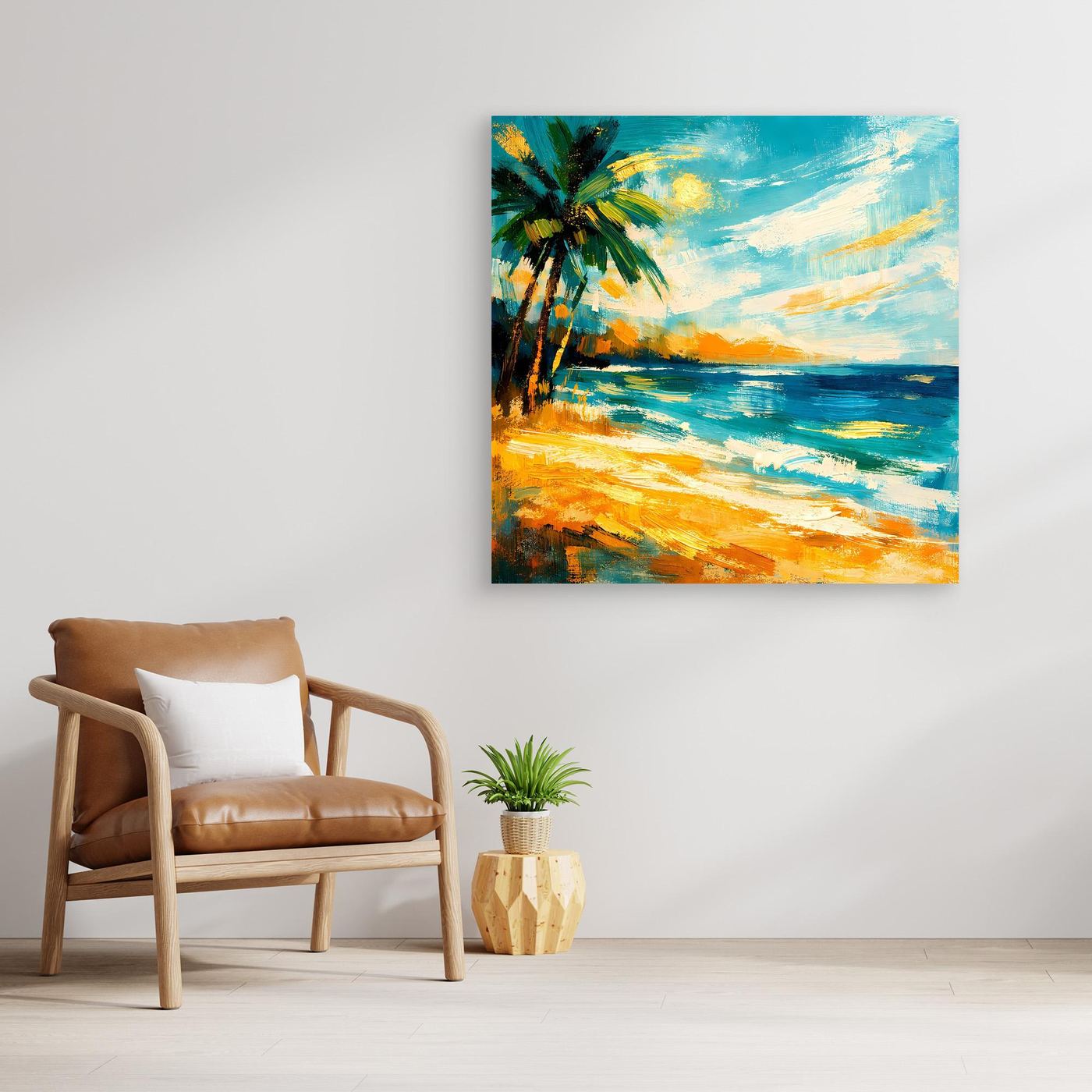 Leinwandbild mit abstrakter Palme am Strand, türkis-blaues Meer und orangefarbener Küste