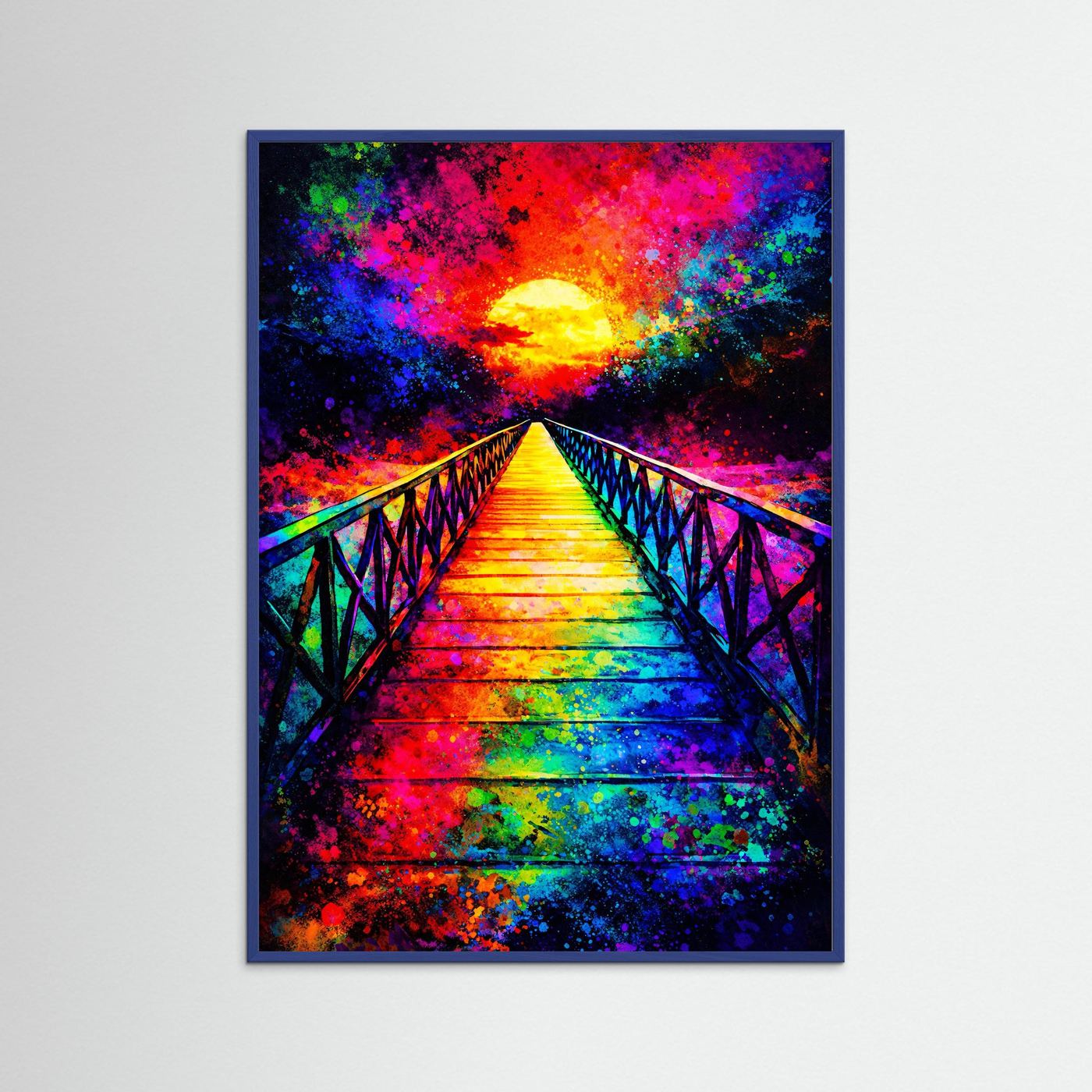 Leinwandbild abstrakte Brücke mit Regenbogenstufen und goldener Sonne, blauer Rahmen