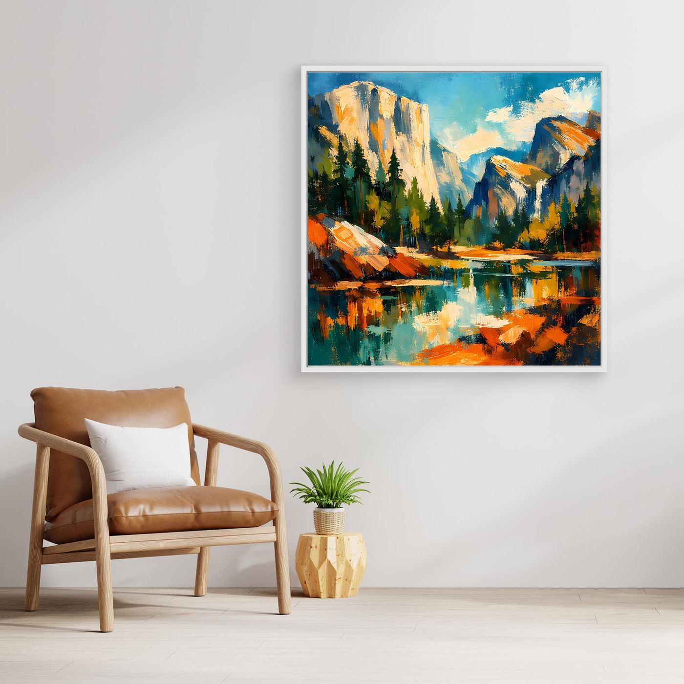 Leinwandbild mit Gebirge und spiegelndem Wasser, orange/gelbe Akzente, Holzrahmen