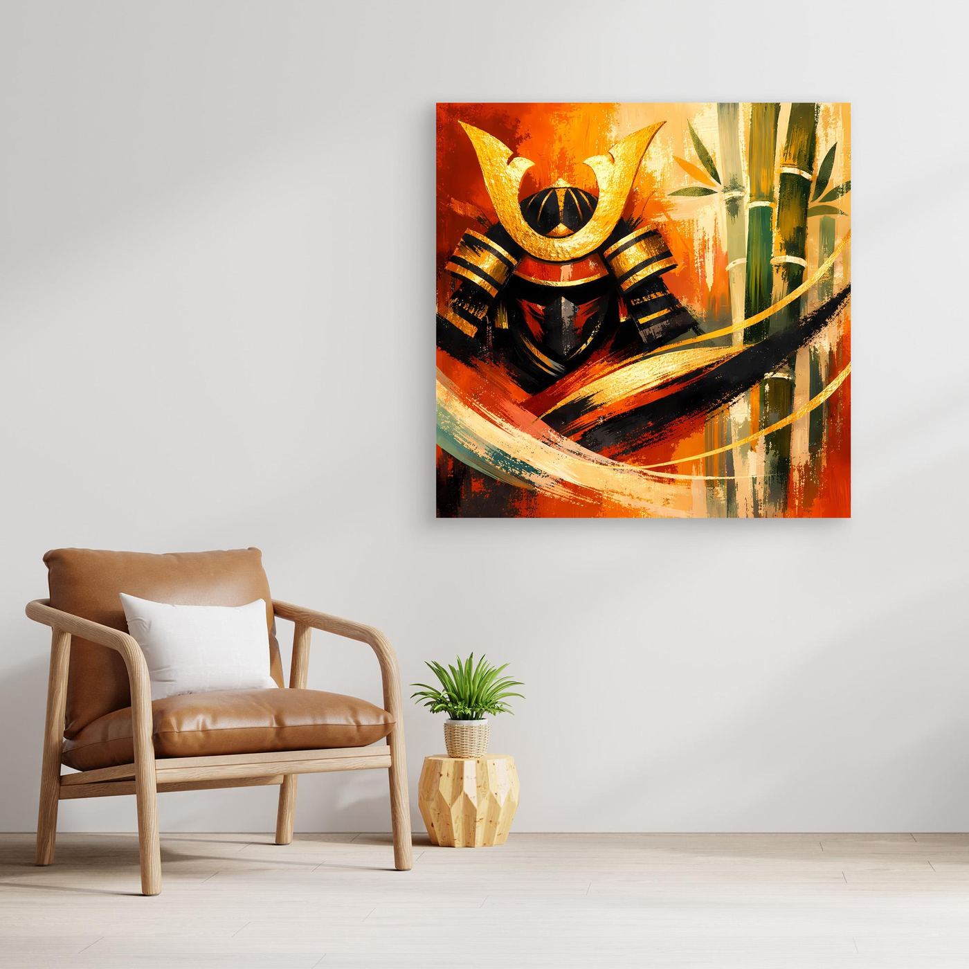 Gold gerahmtes Leinwand-Wandbild mit abstraktem Samurai und Bambus, orange-schwarz-gelb