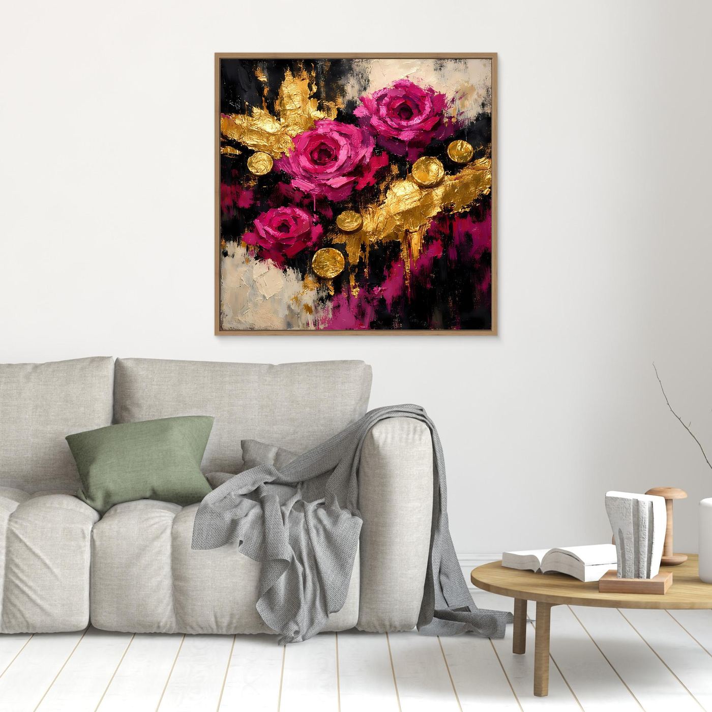 Leinwand Elegante Rosen in Magenta | Abstraktes Blumen Wandbild Gold