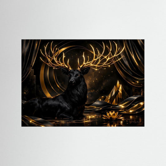 Wandposter mit schwarzem Hirsch und goldenem Geweih, ohne sichtbaren Rahmen.