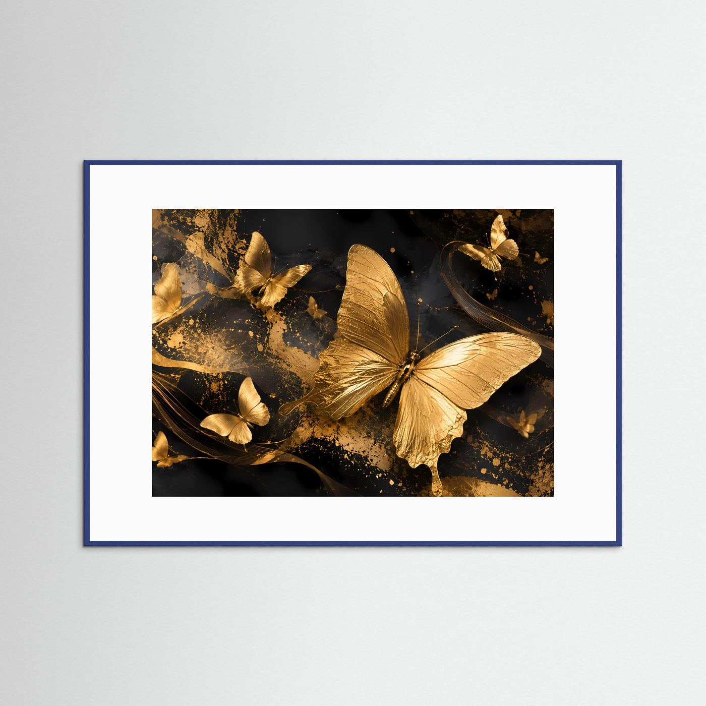 Schmetterlingsposter: goldene Schmetterlinge auf schwarzem abstraktem Hintergrund, blauer Rahmen