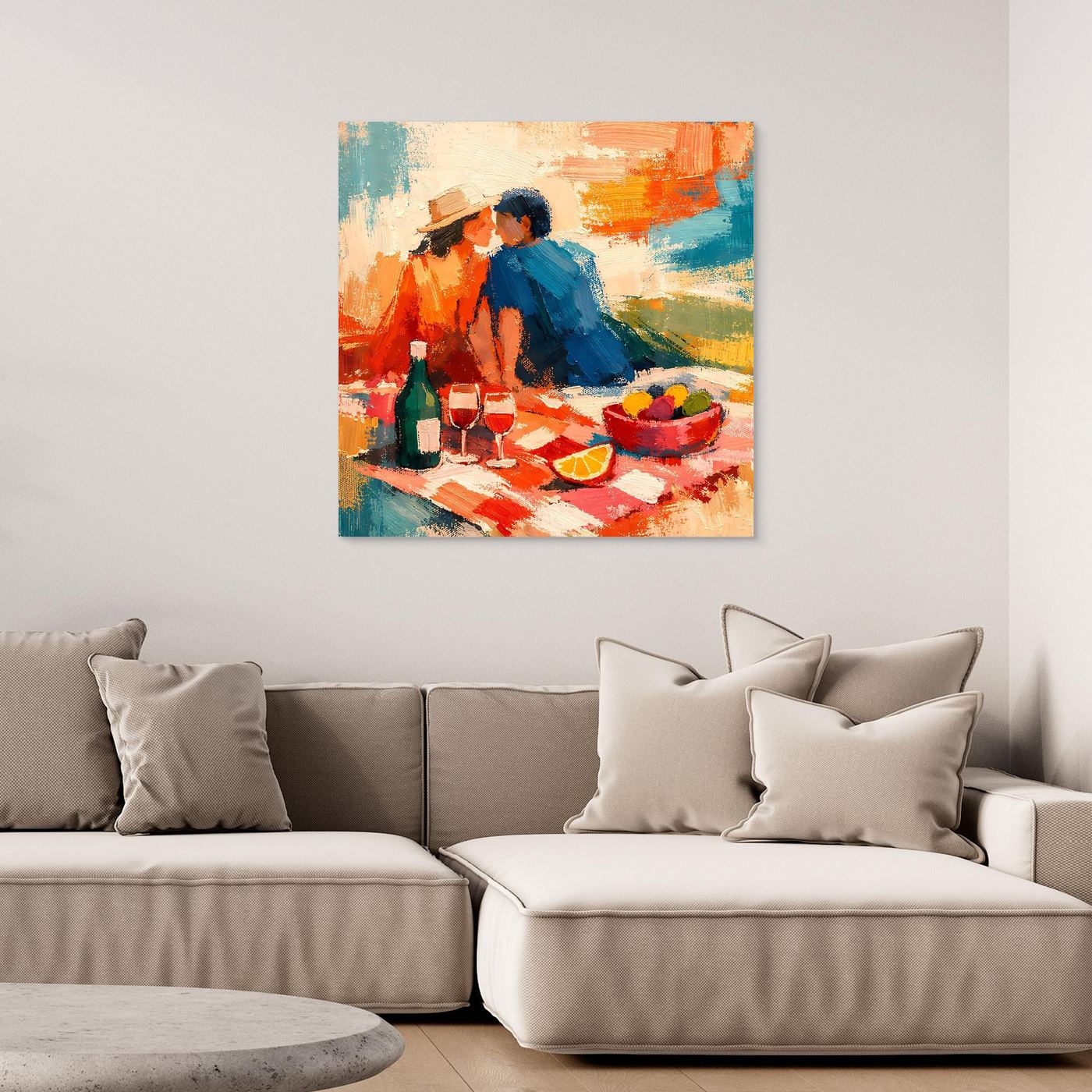 Leinwand-Wandbild mit dunklem Rahmen, abstraktes Picknick-Pärchen im Querformat