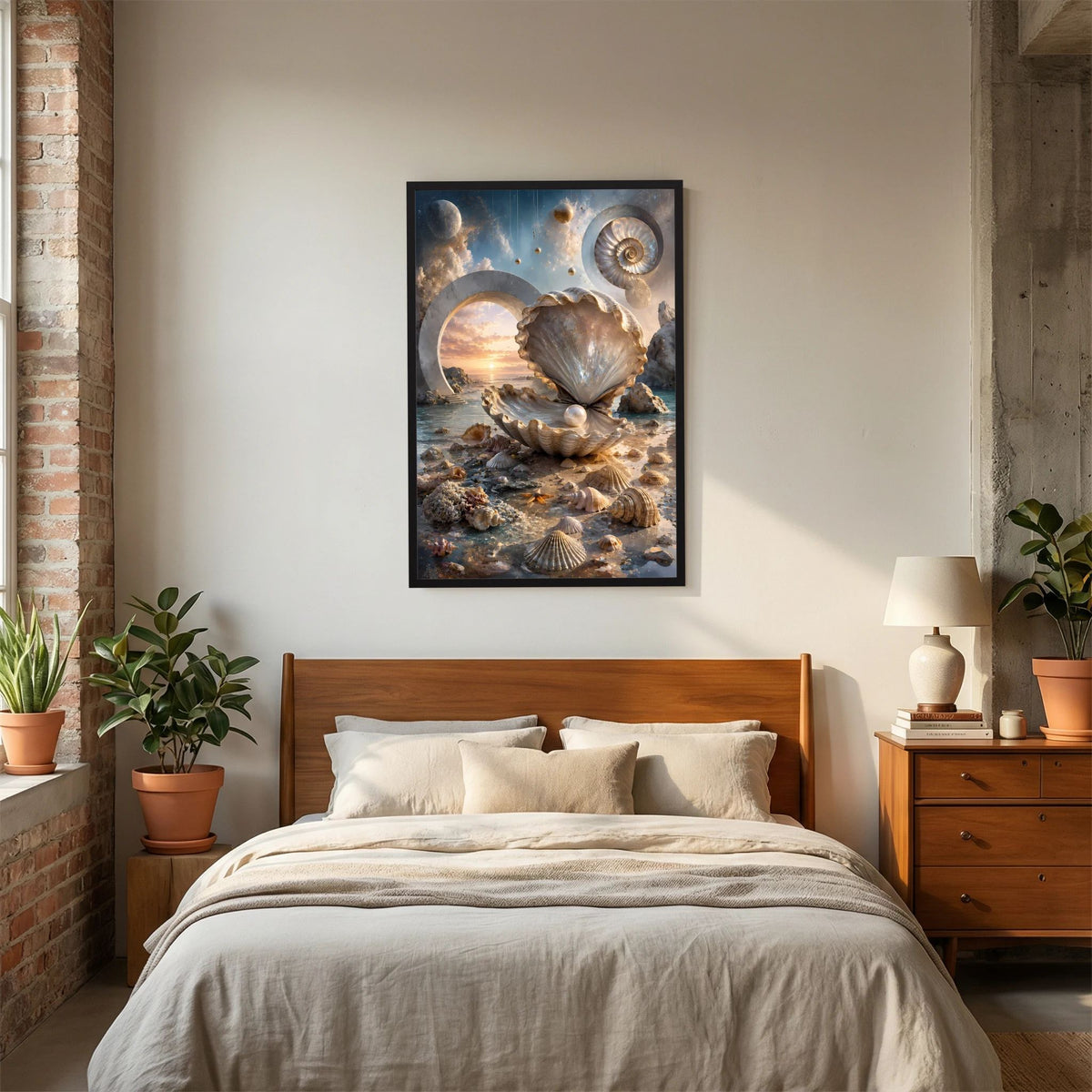Hochformat-Poster mit Perlmuschel und Perle im Unterwasserbild, schwarzer Rahmen