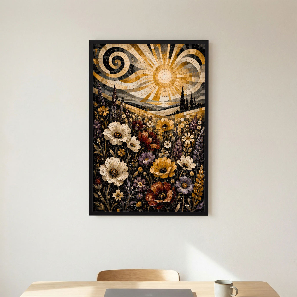 Wandposter im Hochformat: Mosaikblumenwiese mit goldener Sonne und Spiralen