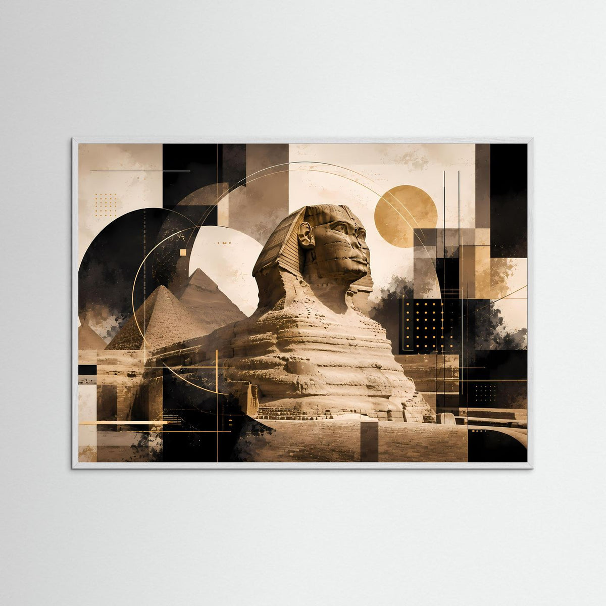 Querformat-Poster mit Sphinx und Pyramiden im weißlich-grauen Holzrahmen