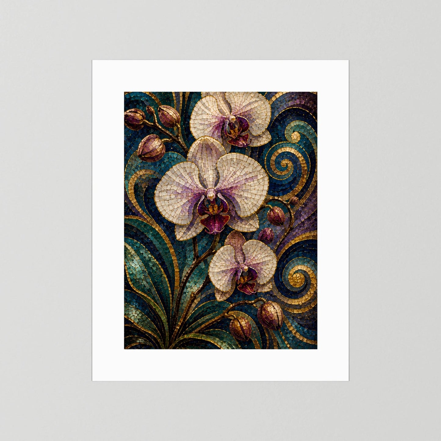 Orchideen-Poster im Hochformat, Mosaikstil mit weißen Blüten, türkis-goldene Ornamente