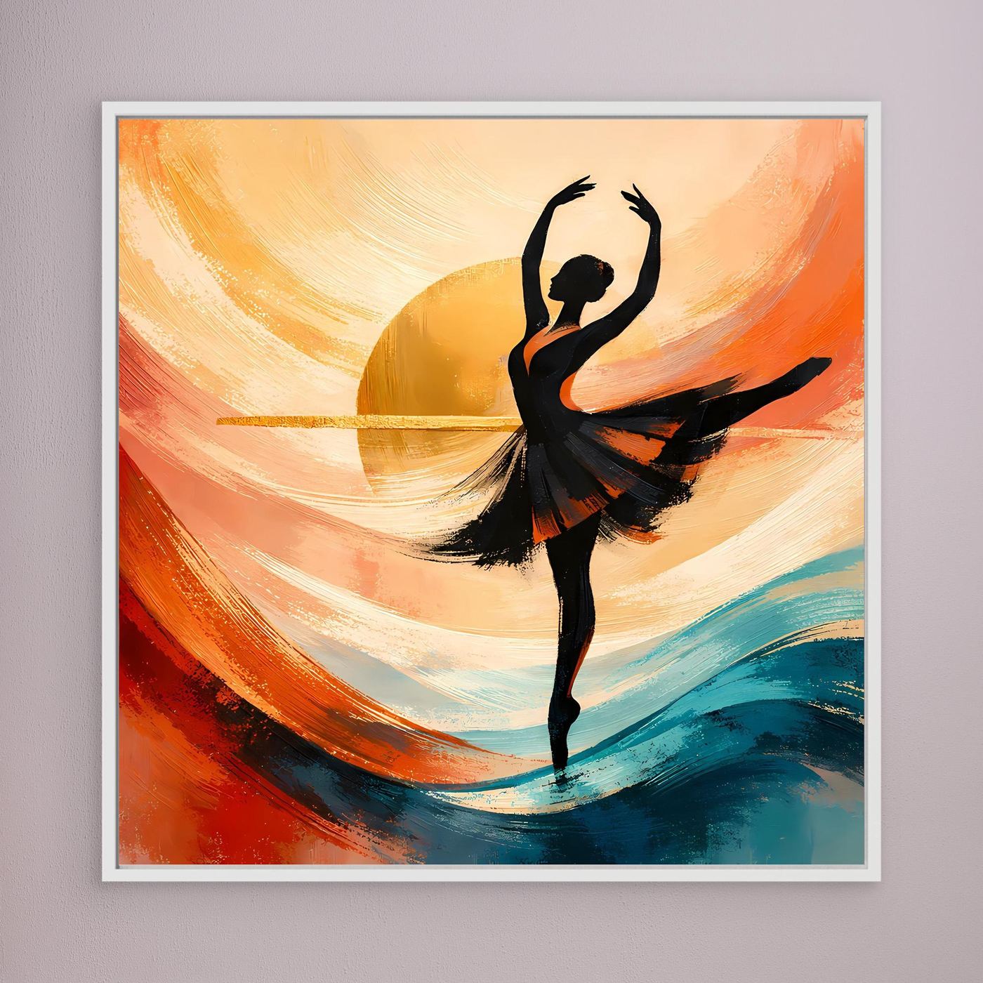 Wandbild mit Ballerina-Silhouette, abstrakten Pinselstrichen in Orange/Türkis, weiß gerahmt