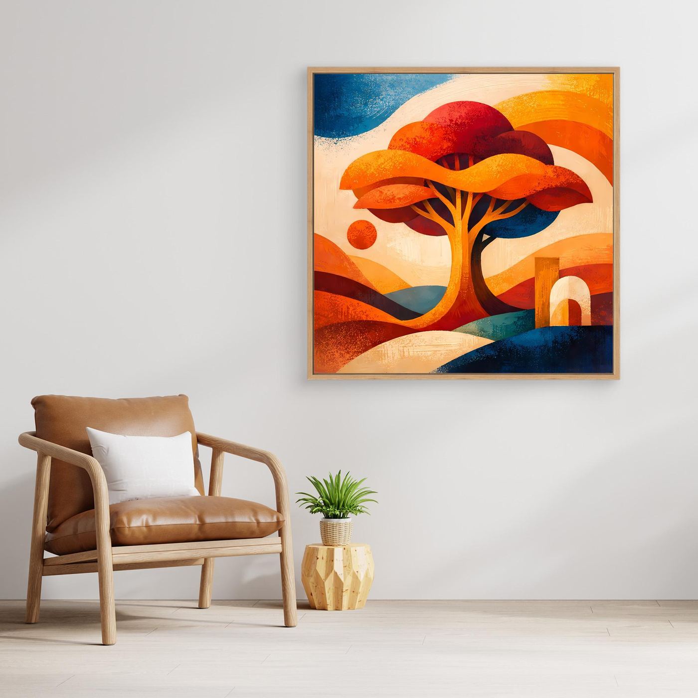 Gerahmtes Leinwandbild: Lebensbaum in Rot-Orange mit blauem Hintergrund und Gebäudeelementen