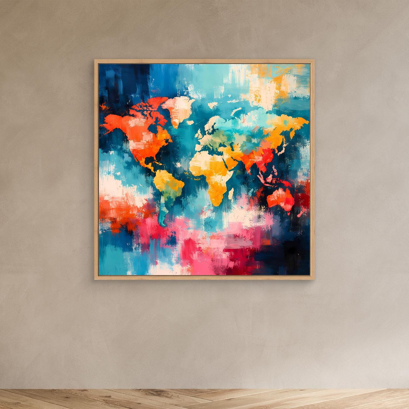 Abstract world map canvas with colorful brushstroke continents and light wood frame