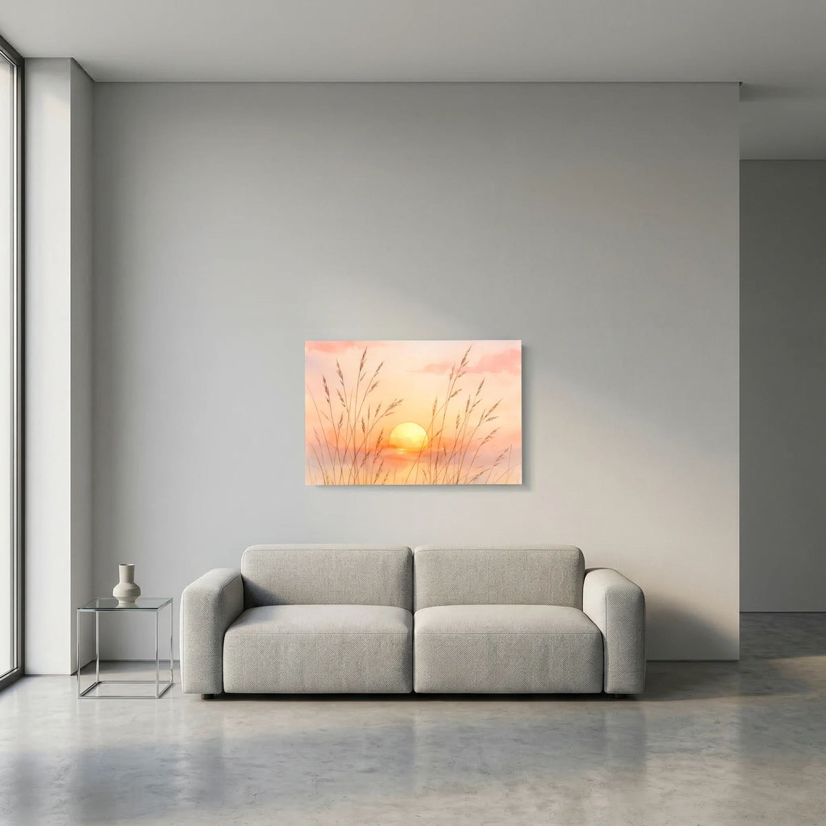Wandbild im Querformat: Sonnenuntergang in Aquarell mit goldener Sonne und Gräsern