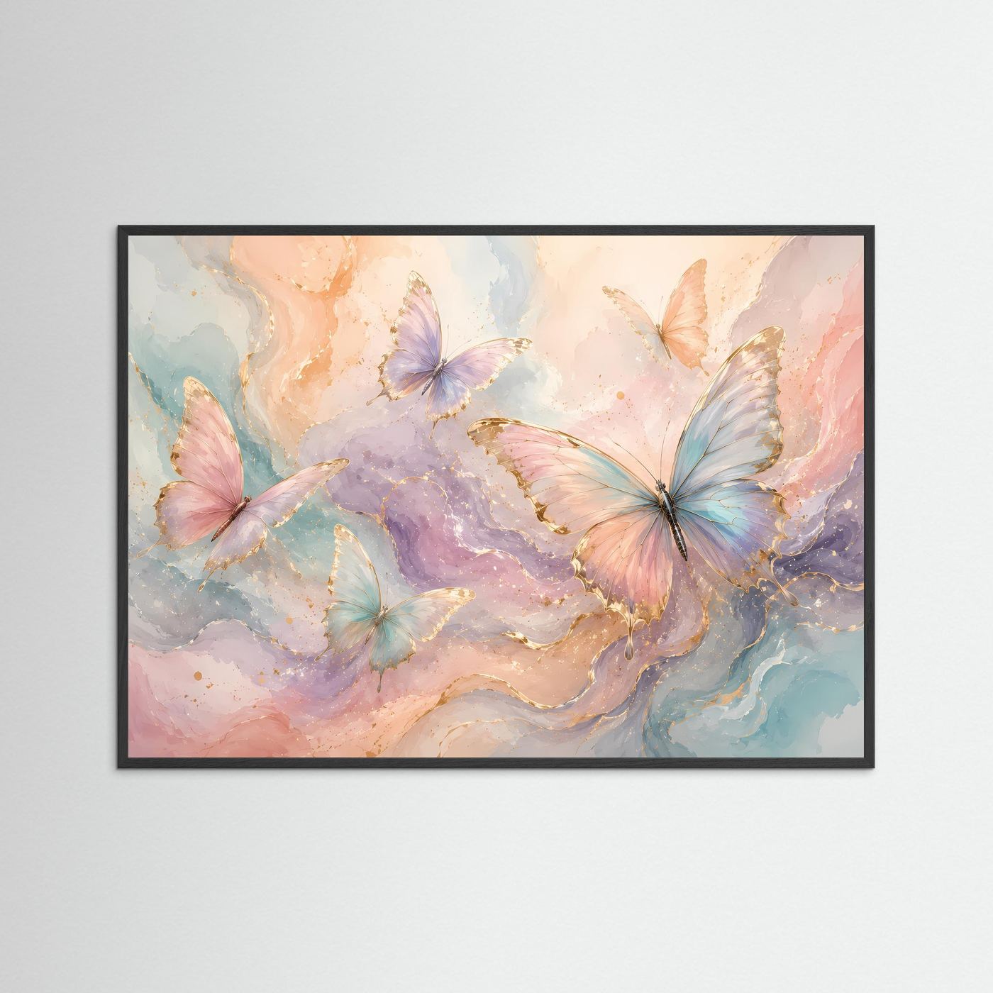Pastell Schmetterlinge Poster | Elegante Schmetterlingskunst in Rosa Blau Gold | Moderne Aquarell Wanddekoration | Abstrakter Kunstdruck