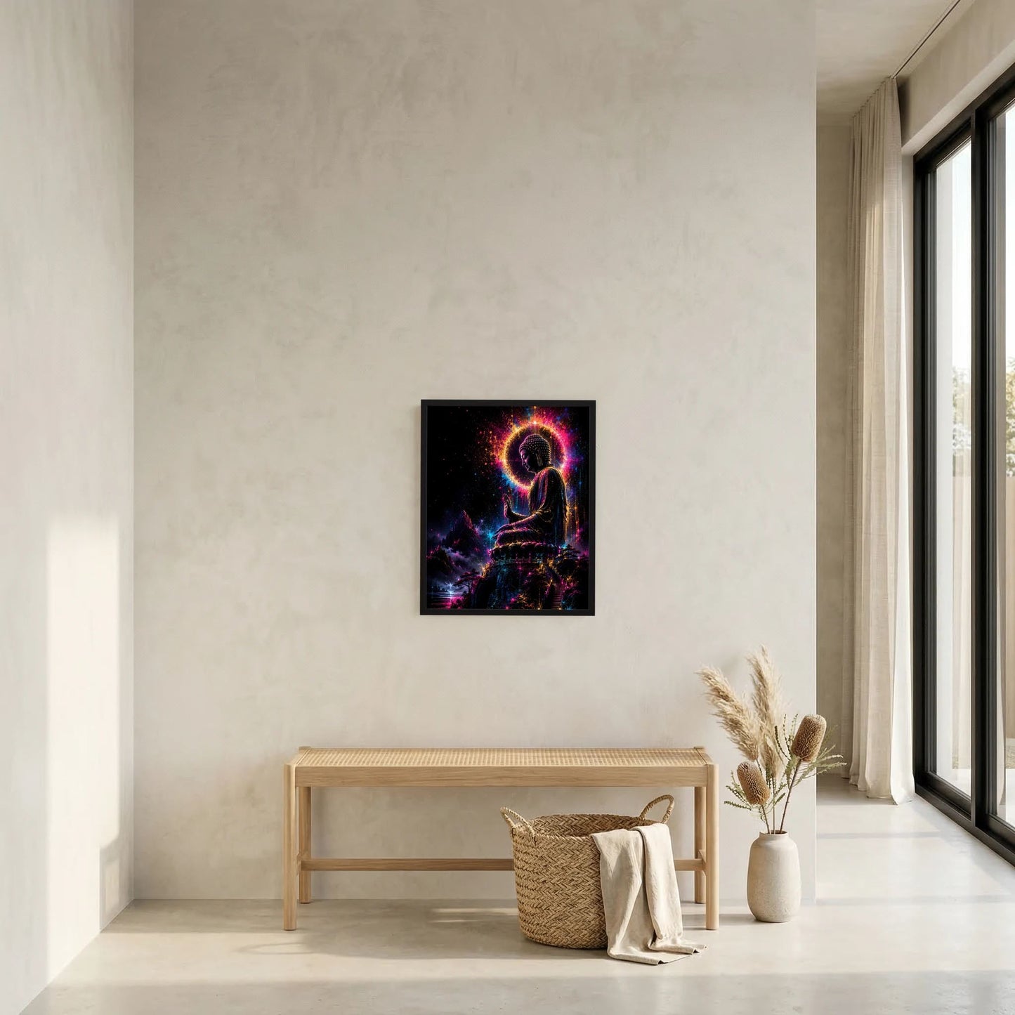 Hochformat-Poster im schwarzen Rahmen mit Buddha-Silhouette im Neonlicht und Aura-Ring