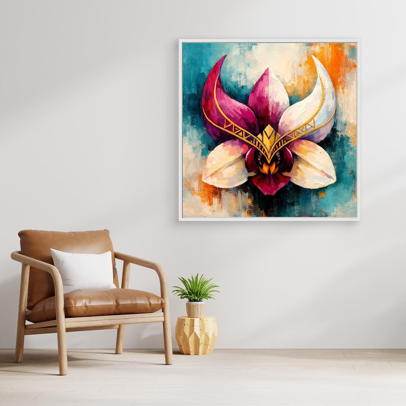 Premium Leinwand Mystische Orchideen-Maske in Gold | Abstraktes Florales Wandbild im Fantasy-Stil