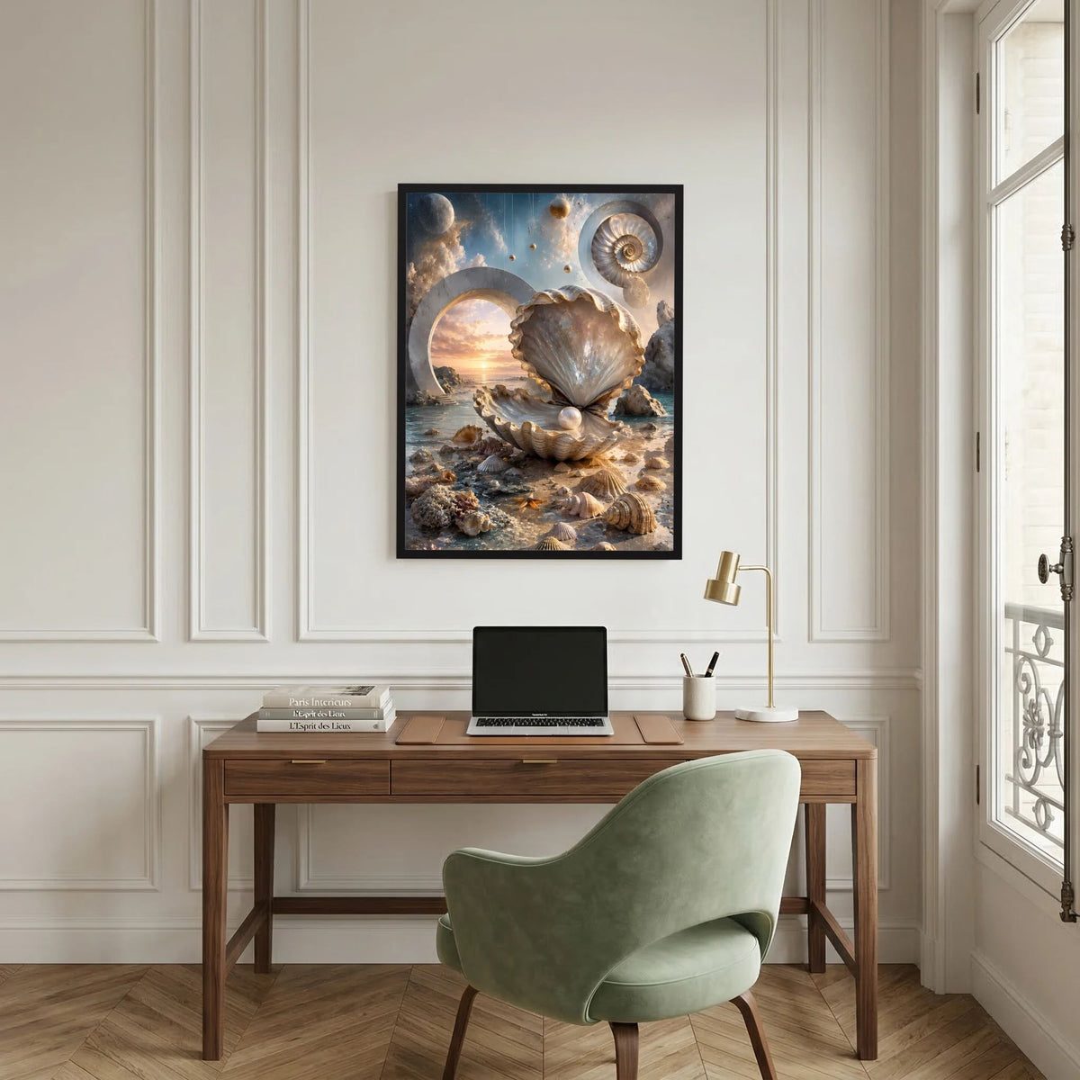 Gerahmtes Poster mit Muschel und Perle in Creme- und Goldtönen, zentral