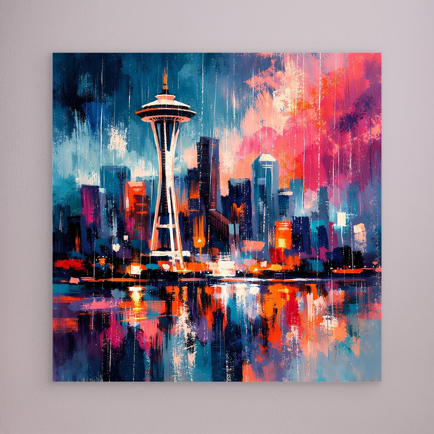 Leinwand-Wandbild mit abstrakter Skyline und Space Needle, keine sichtbare Rahmung