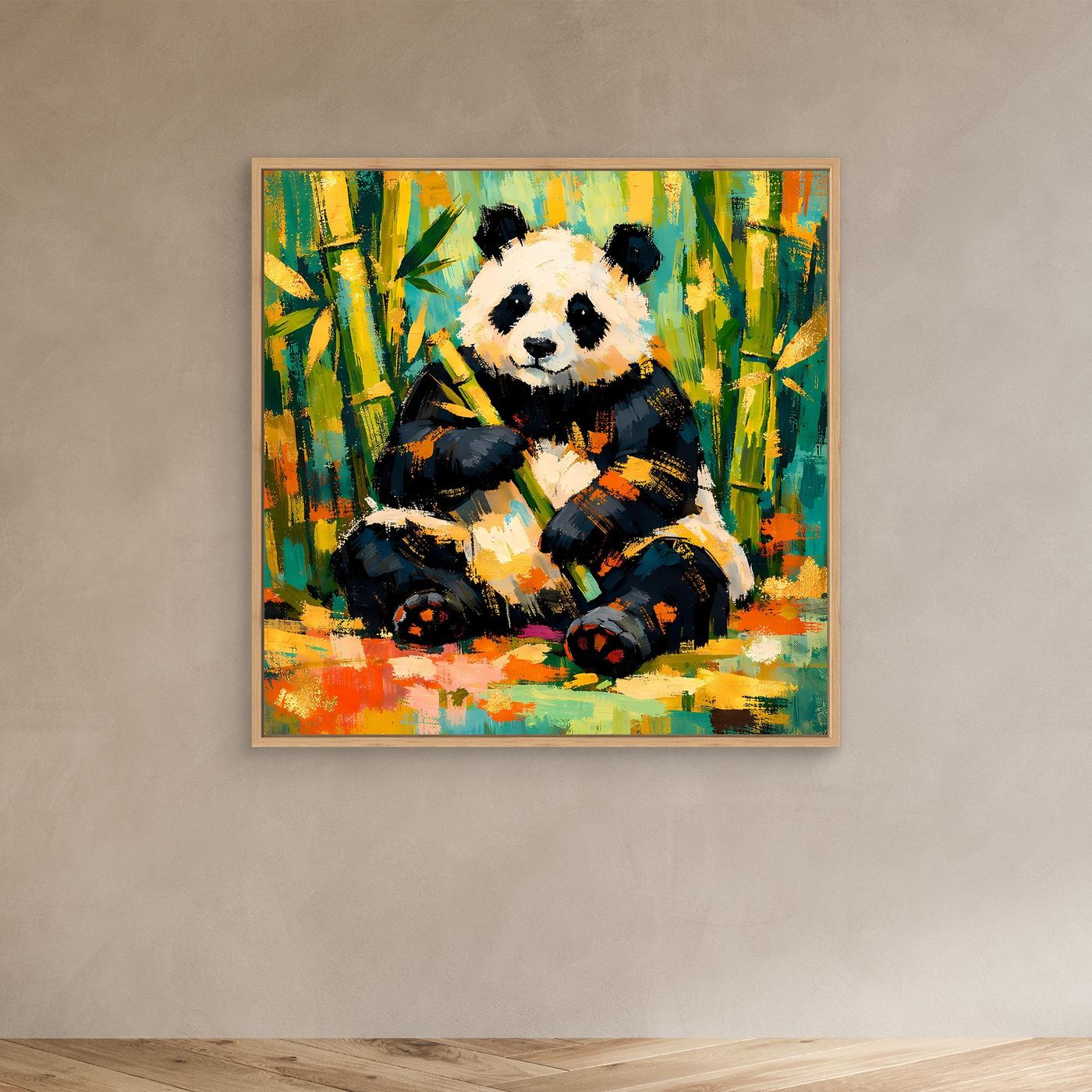 Leinwandbild mit sitzendem Panda im Bambuswald, abstraktes Tiermotiv, heller Holzrahmen