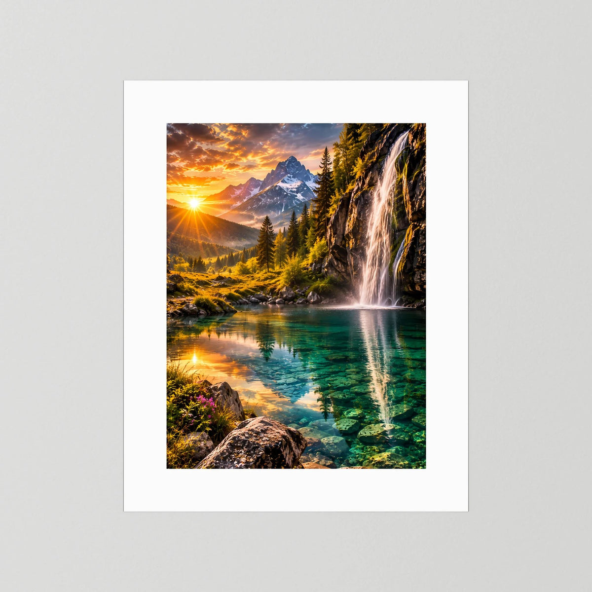 Hochformat-Poster mit weißem Passepartout, Bergsee und Wasserfall bei Sonnenuntergang