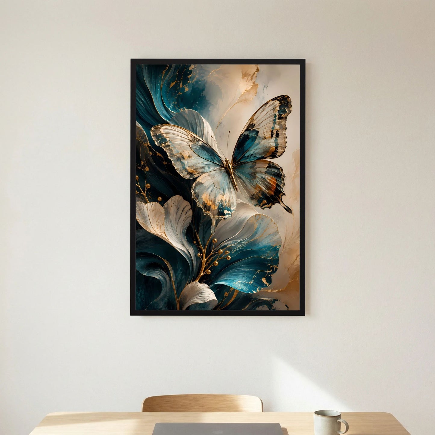 Eleganter Schmetterling in Petrol und Gold | Abstrakte florale Kunst | Poster Hochformat