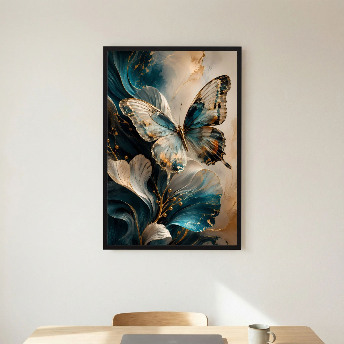 Eleganter Schmetterling in Petrol und Gold | Abstrakte florale Kunst | Poster Hochformat