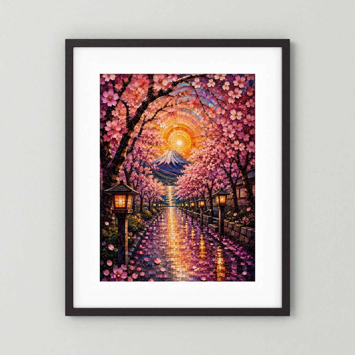 Kirschblütenweg zum Fuji | Japanisches Mosaik mit Sakura & Laternen | Poster Hochformat