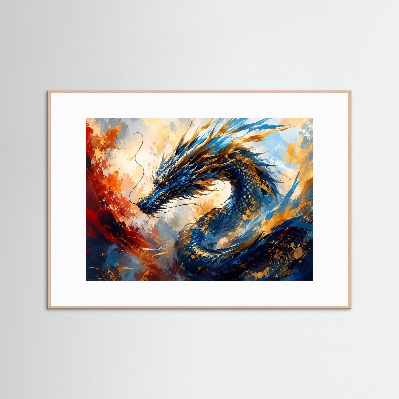 Fantasy-Wandbild mit blauem Drachenmotiv und feuergoldenen Farbakzenten im Querformat