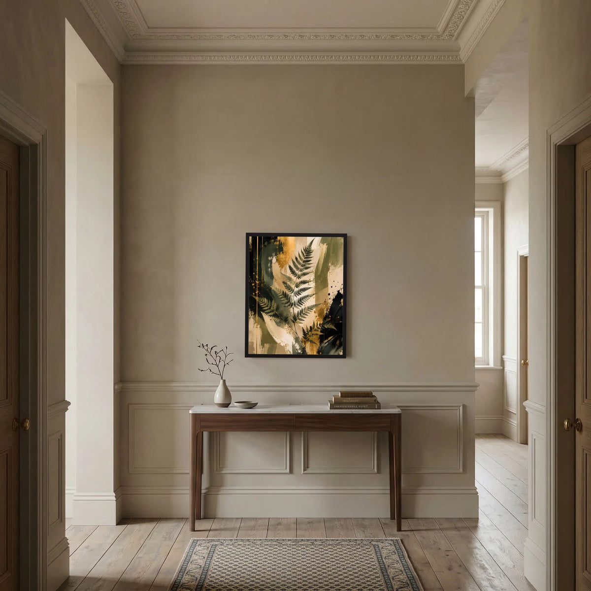 Gerahmtes Kunstposter mit Farnblättern in Grün und Gold, Hochformat