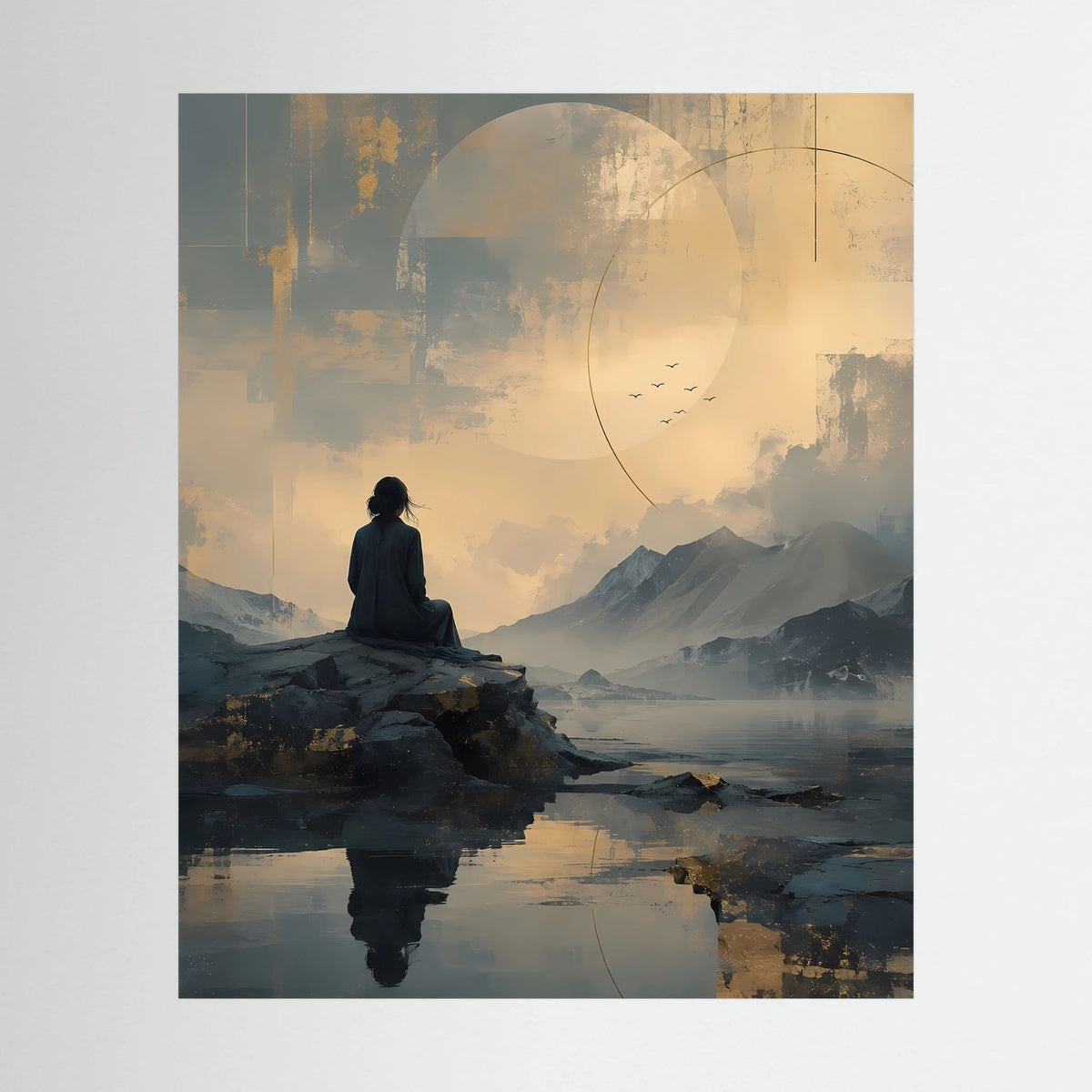 Meditationsposter mit sitzender Person am See, goldgraue Landschaft, Hochformat