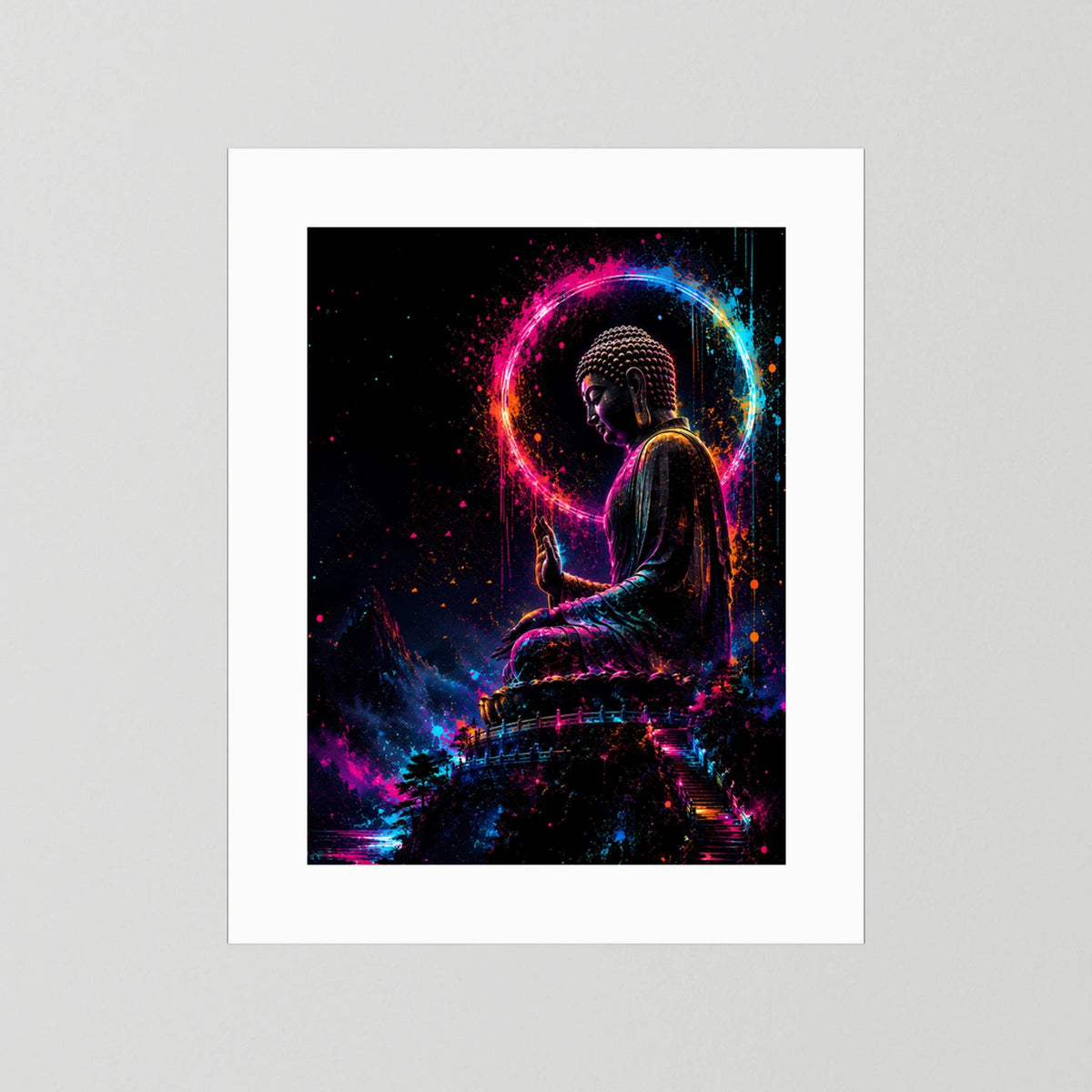 Buddha-Kunstposter im Hochformat mit Neonkreis, nur Motiv mit weißem Rand