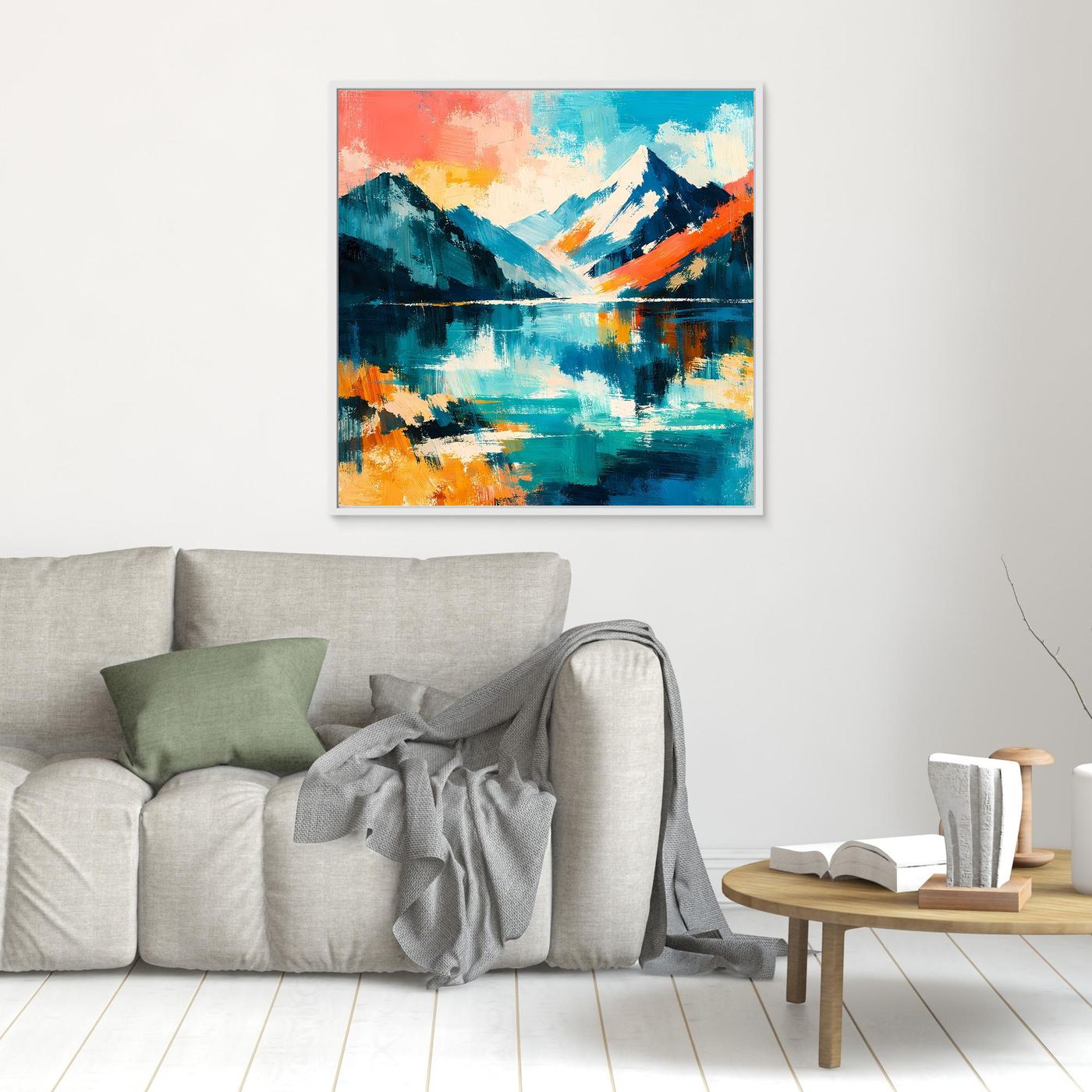 Kleines Leinwand-Wandbild mit abstrakter Bergwelt und See, weißer Randrahmen