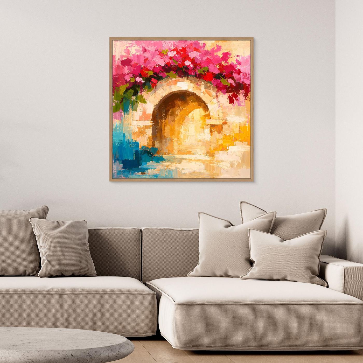 Leinwand Abstrakter Torbogen mit Bougainvillea | Modernes Mediterranes Wandbild Italien