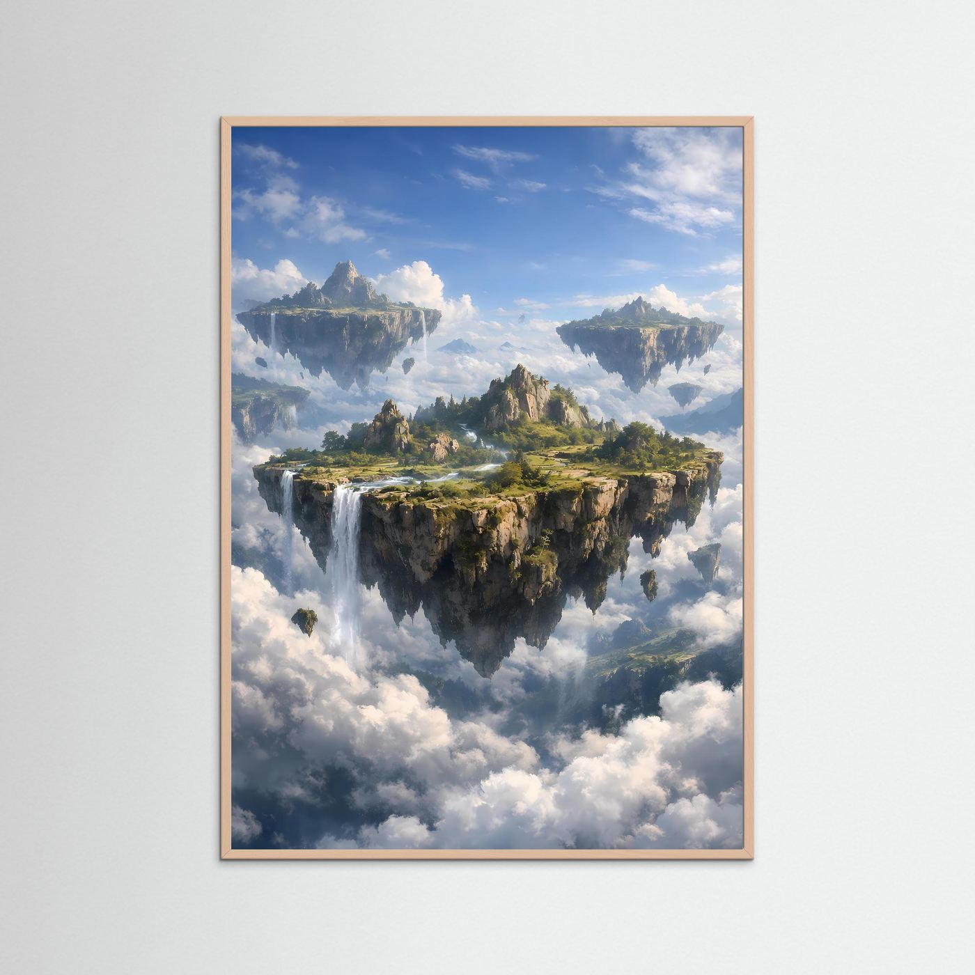 Hochformatiges Fantasy-Poster mit Wasserfall und schwebender Insel, im rötlich-braunen Holzrahmen.