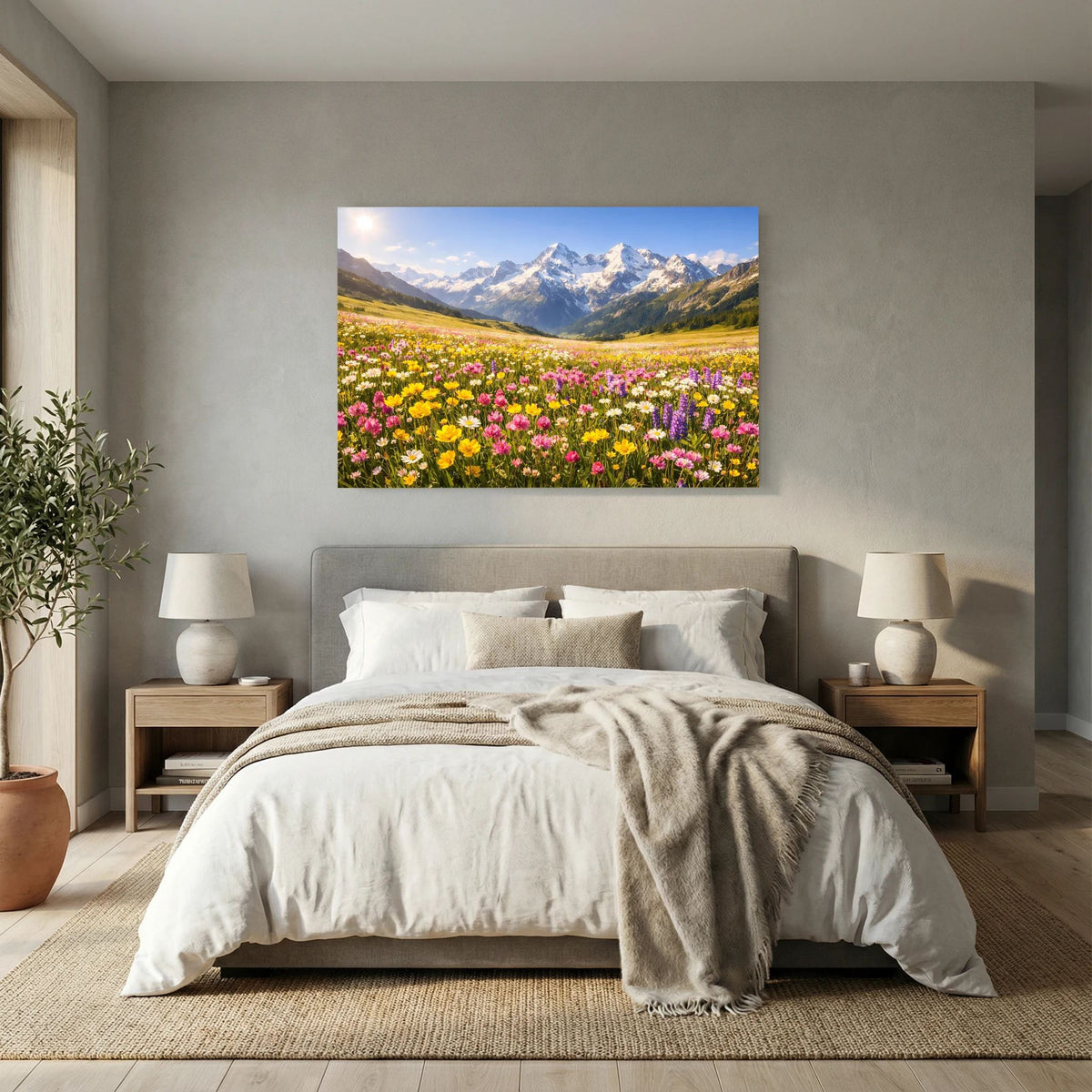 Wandbild im Querformat: Tal mit farbigen Blüten und verschneiten Gipfeln im Hintergrund