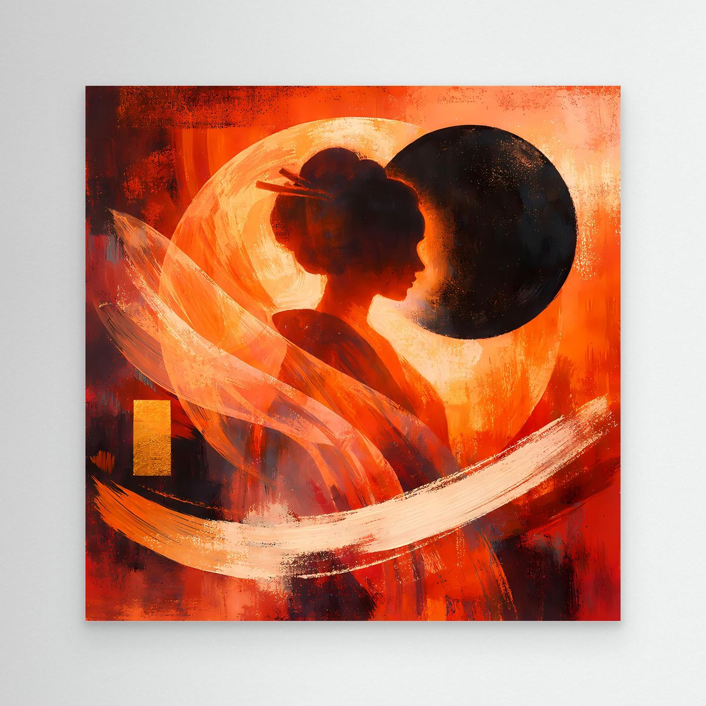 Leinwandbild mit Geisha-Silhouette und großer dunkler Kreisform, ohne sichtbaren Rahmen