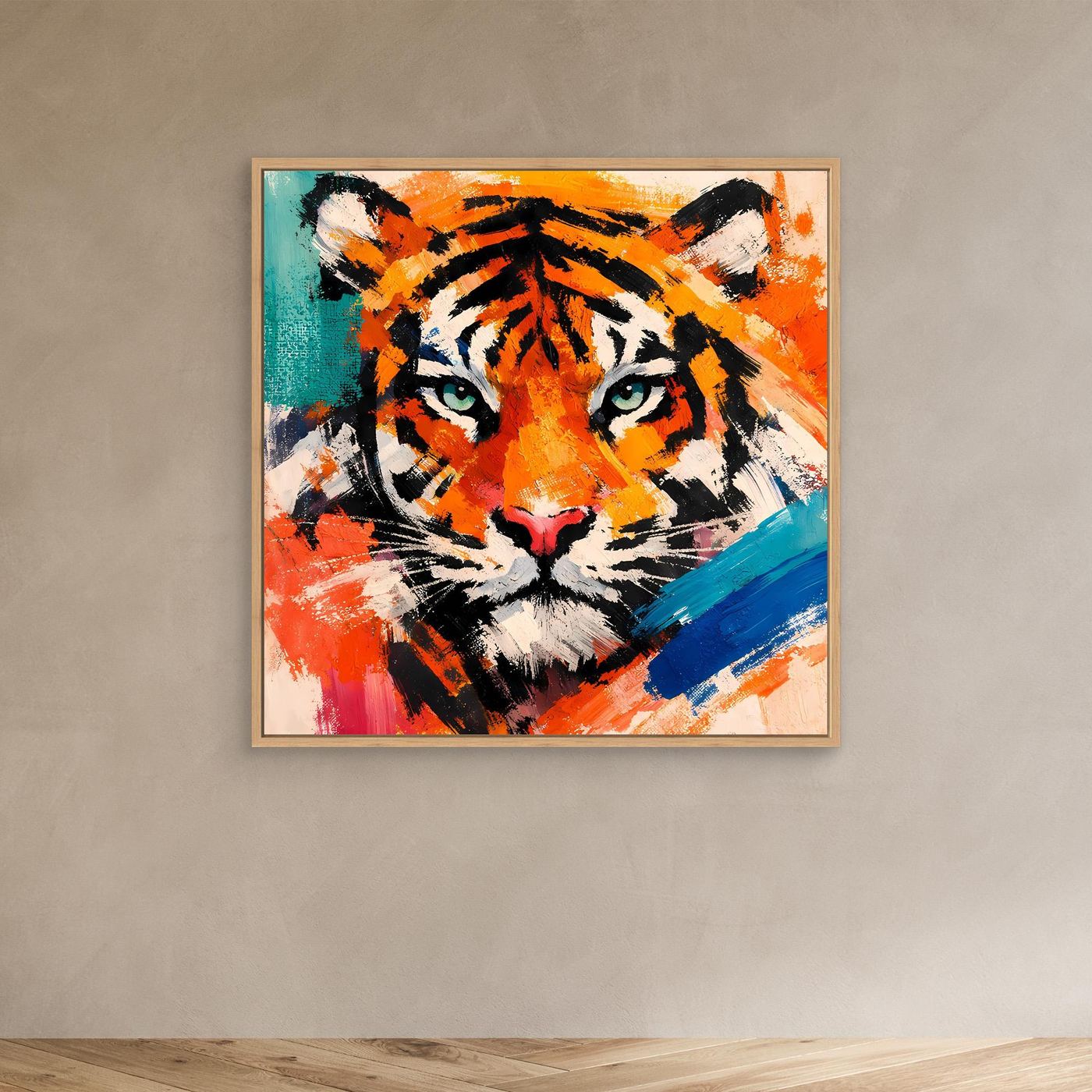 Abstract tiger wall art in a light wood frame, teal and blue with orange-and-black tiger stripes