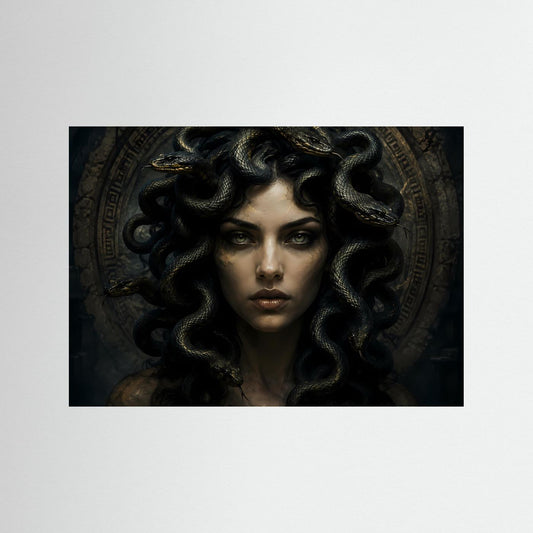 Querformat-Poster mit Medusa-Porträt: schwarze Schlangen, goldene Akzente