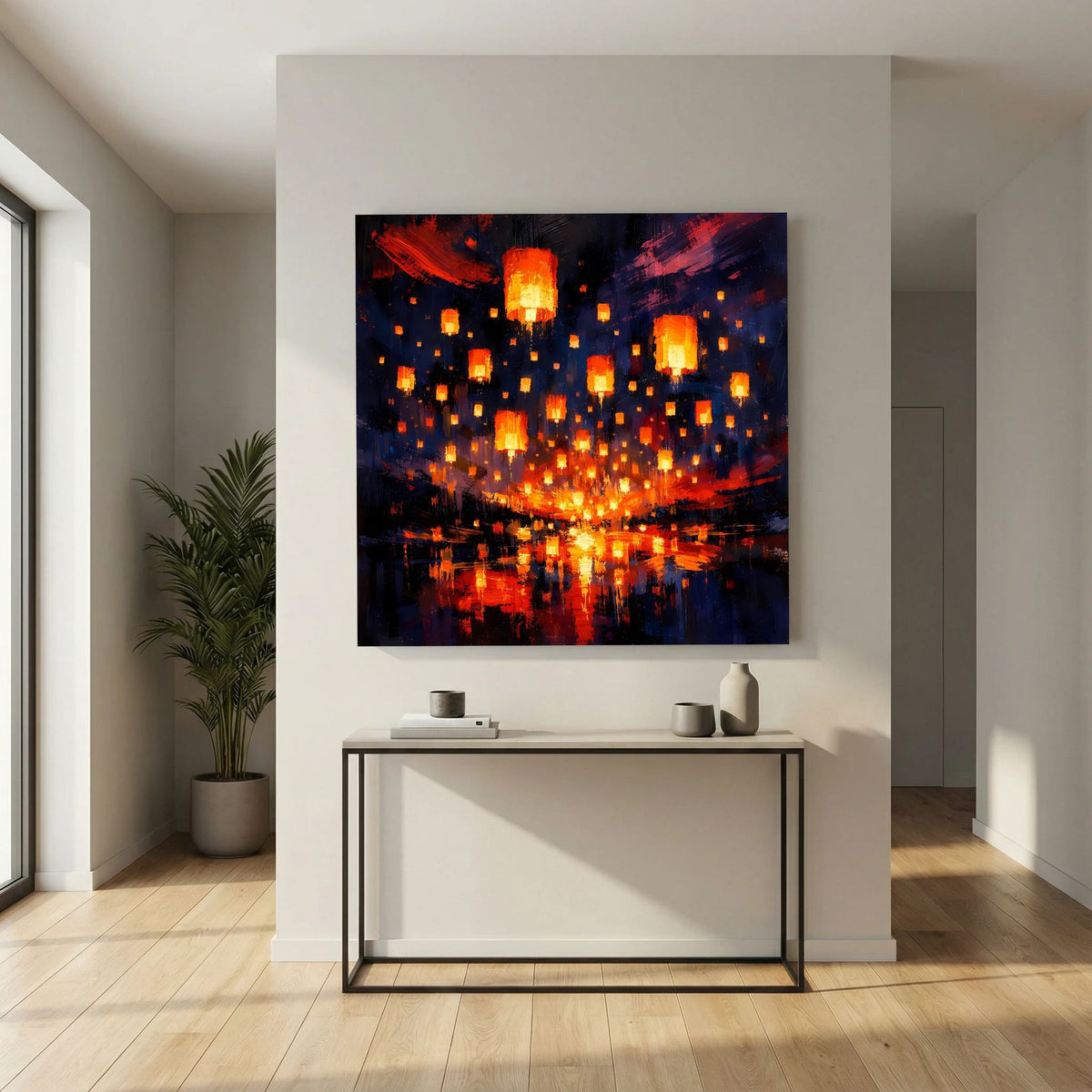Leinwand-Wandbild mit orange leuchtenden Laternen und spiegelnder Lichtlandschaft