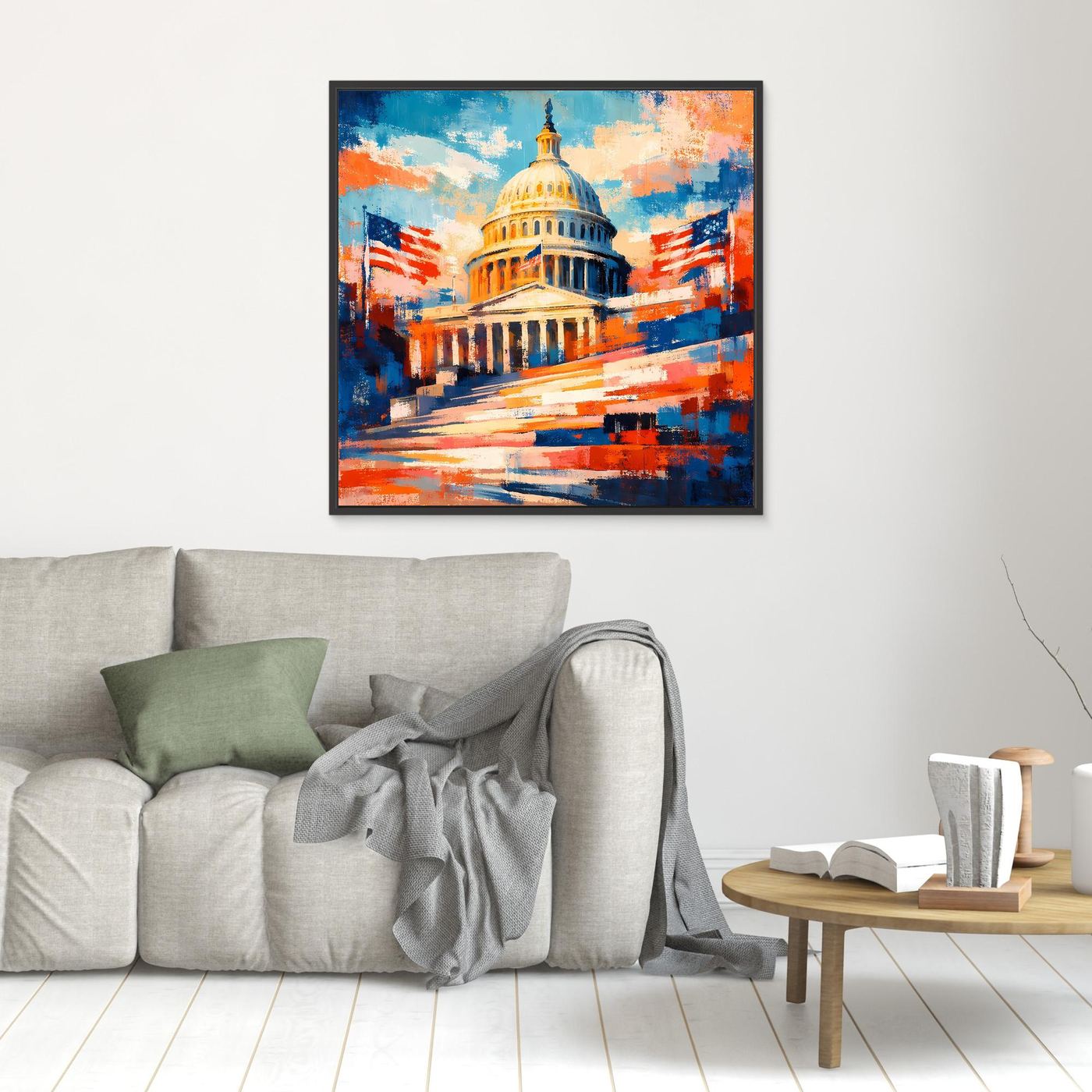 Leinwand-Wandbild mit abstraktem US-Kapitol und Flaggen, dunkel gerahmt.