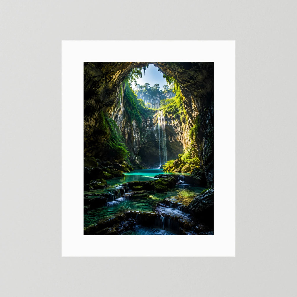 Hochformatiges Kunstposter mit weißem Rand: Wasserfallhöhle und türkisfarbener Bach